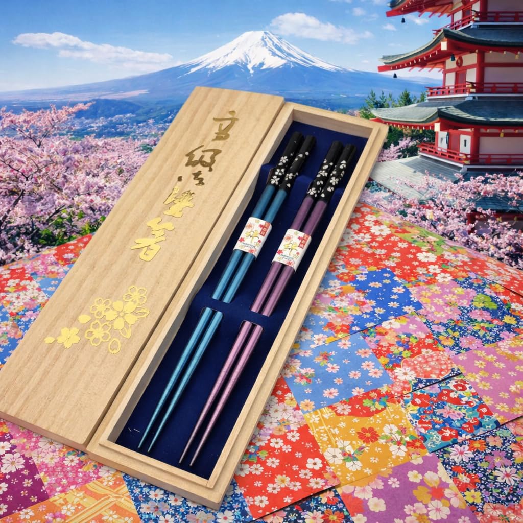 Premium Japanese Chopsticks Reusable 2prs Set [ Made in Japan ] Traditional Lacquer Art Wooden Chopsticks C (Cherry Blossom BL/PU(2KR018))
