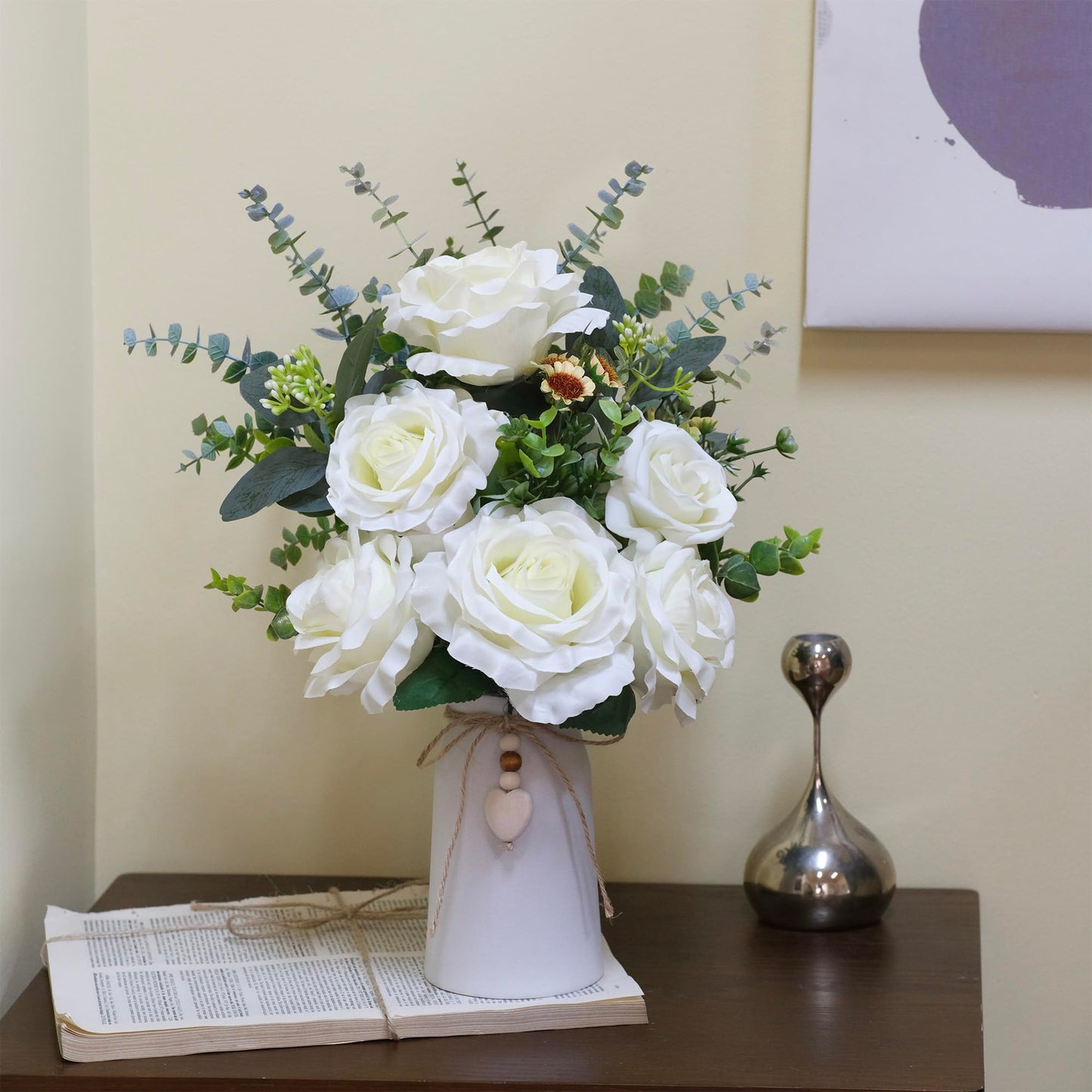 Artificial Rose Flower Arrangement in 6'' White Ceramic Vase with Heart Charm Décor, Flower Arrangement with Eucalyptus Stems and Greenery, Rustic Farmhouse Table Centerpiece, 14"H x 9’’W
