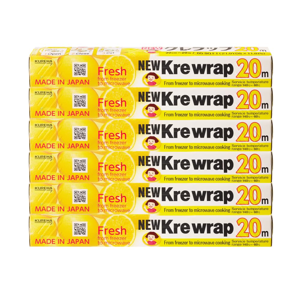 KUREHA Krewrap Plastic Cling Wrap, Pack of 6, 65 sq ft. Per Roll, Clear