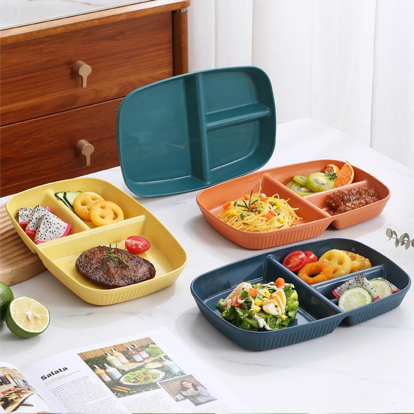 ZAVOOS 12 Pack Divided Plates, 10.5 Inch Reusable Wheat Straw Dinner Plates for Party, 3 Compartment Sectioned Unbreakable Food Tray for Balanced Meal, Portion Control, Microwave Dishwasher Safe