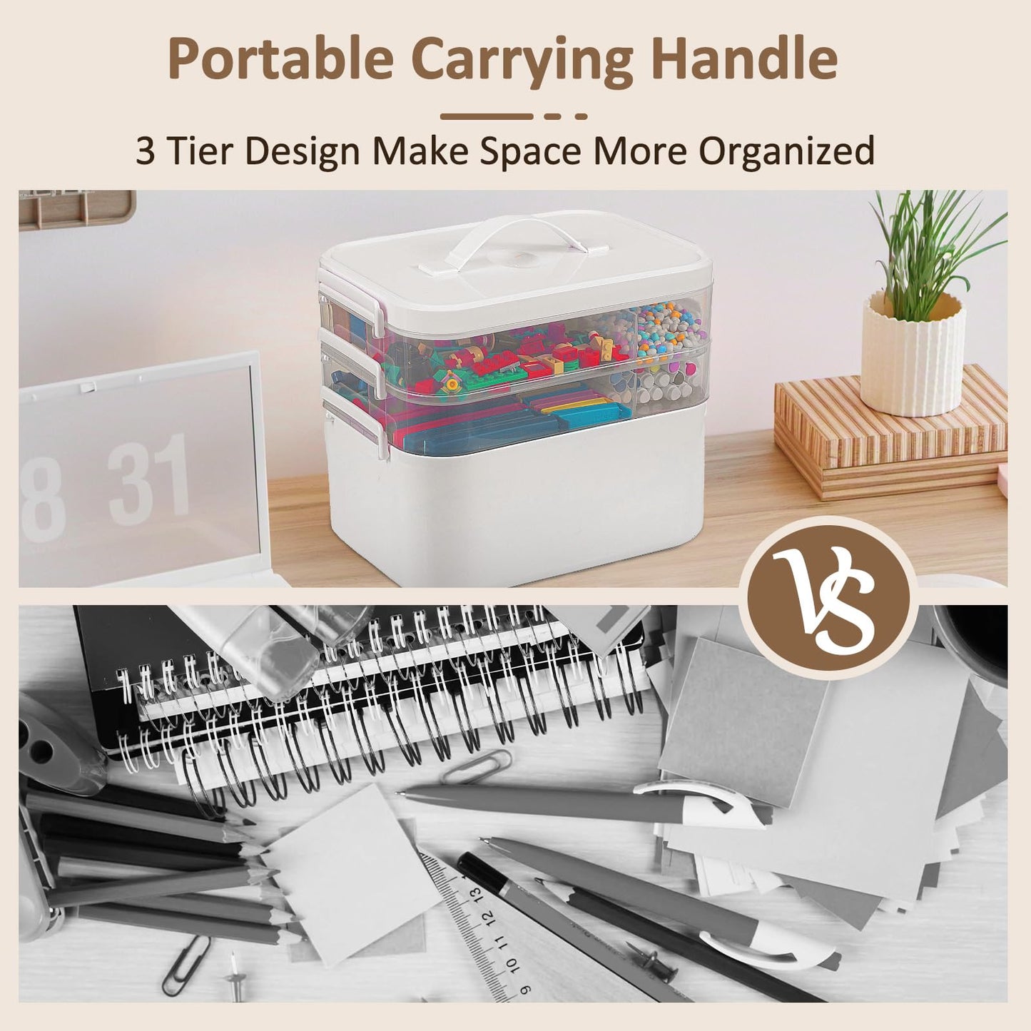 3-Layer Plastic Craft Organizers and Storage Box with Removable Trays, Storage Containers with lids and Handle, Art Supply Storage Organizer for Bead, Ornament, Nail Polish, Tape（10.62" x9"x7.67"）