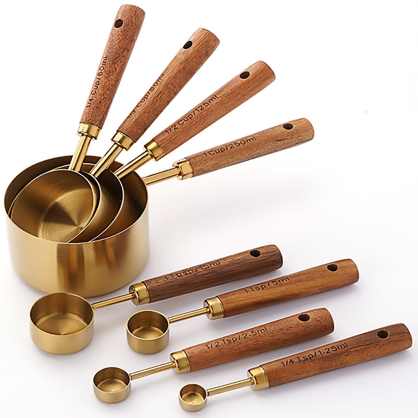 Dadamong Measuring Cups and Spoons Set of 8, Stainless Steel Gold Measuring Cups Kit with Wooden Handle, Kitchen Cooking Baking Spoons Tool Set for Solid and Liquid Iingredients