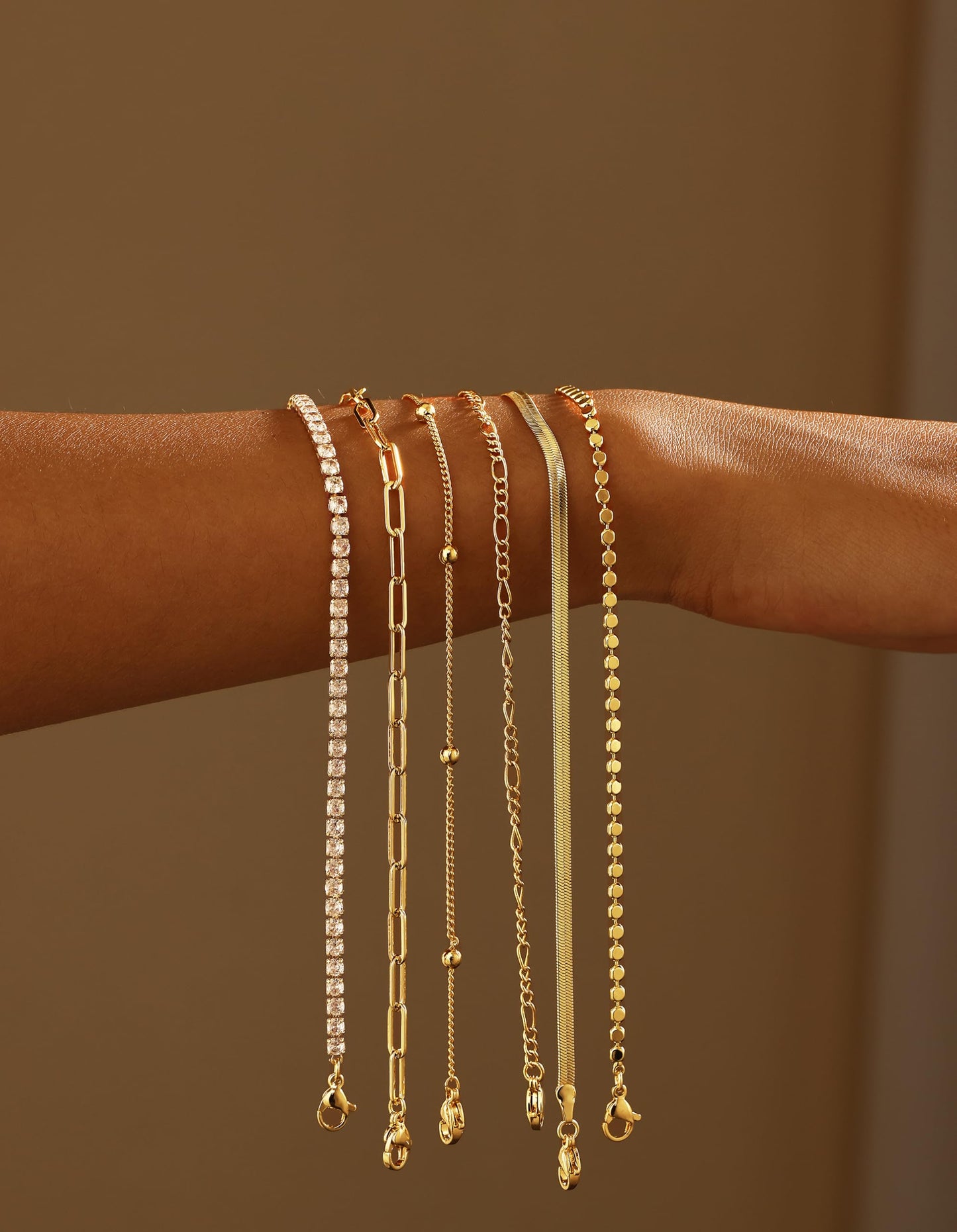 DEARMAY Dainty 14K Gold Plated Bracelets for Women Trendy Waterproof Jewelry Sets Fashion Stackable Rope Box Herringbone Paperclip Chain Link Bracelet Pack Stack Gifts for Womens