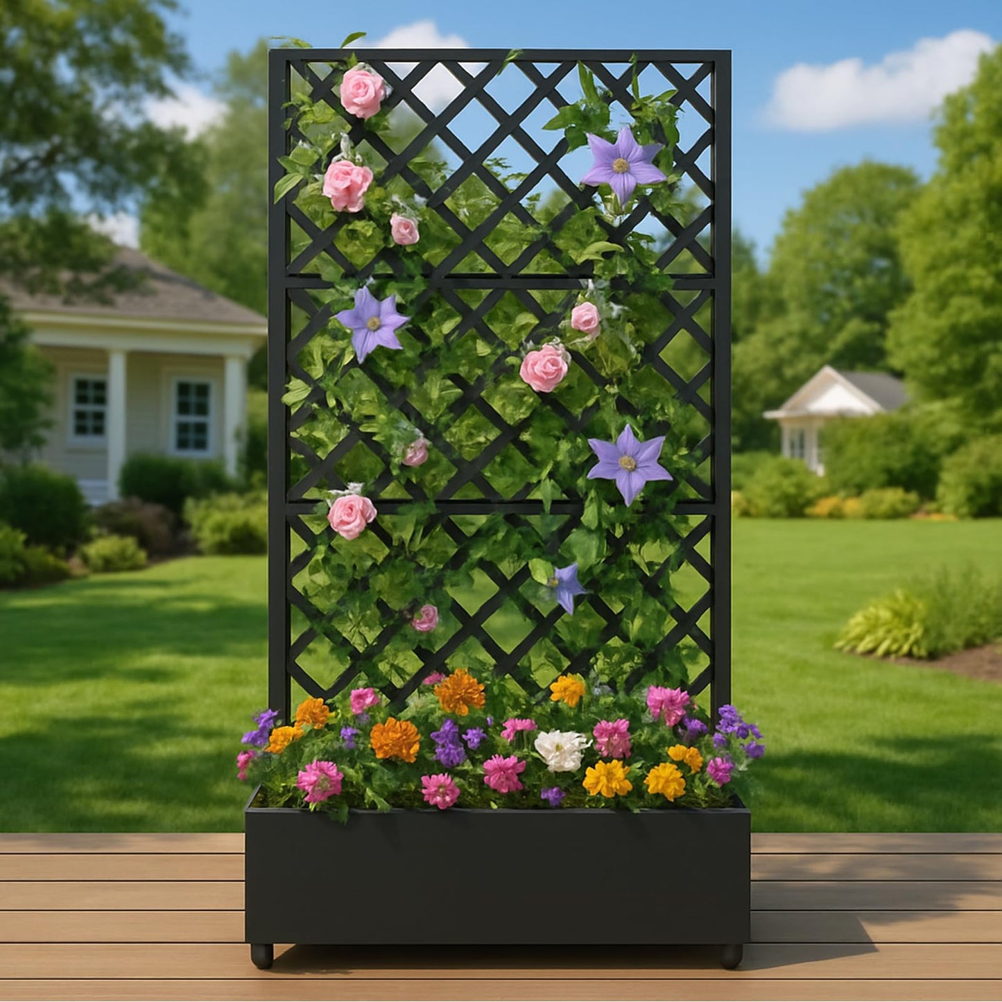 GarveeLife Metal Planter Box, with Diamond Lattice Trellis Planter Box, for Climbing Plants and Vines, Galvanized Raised Garden Bed on Wheels, Garden Bed with Trellis(72 in x35 in Black)