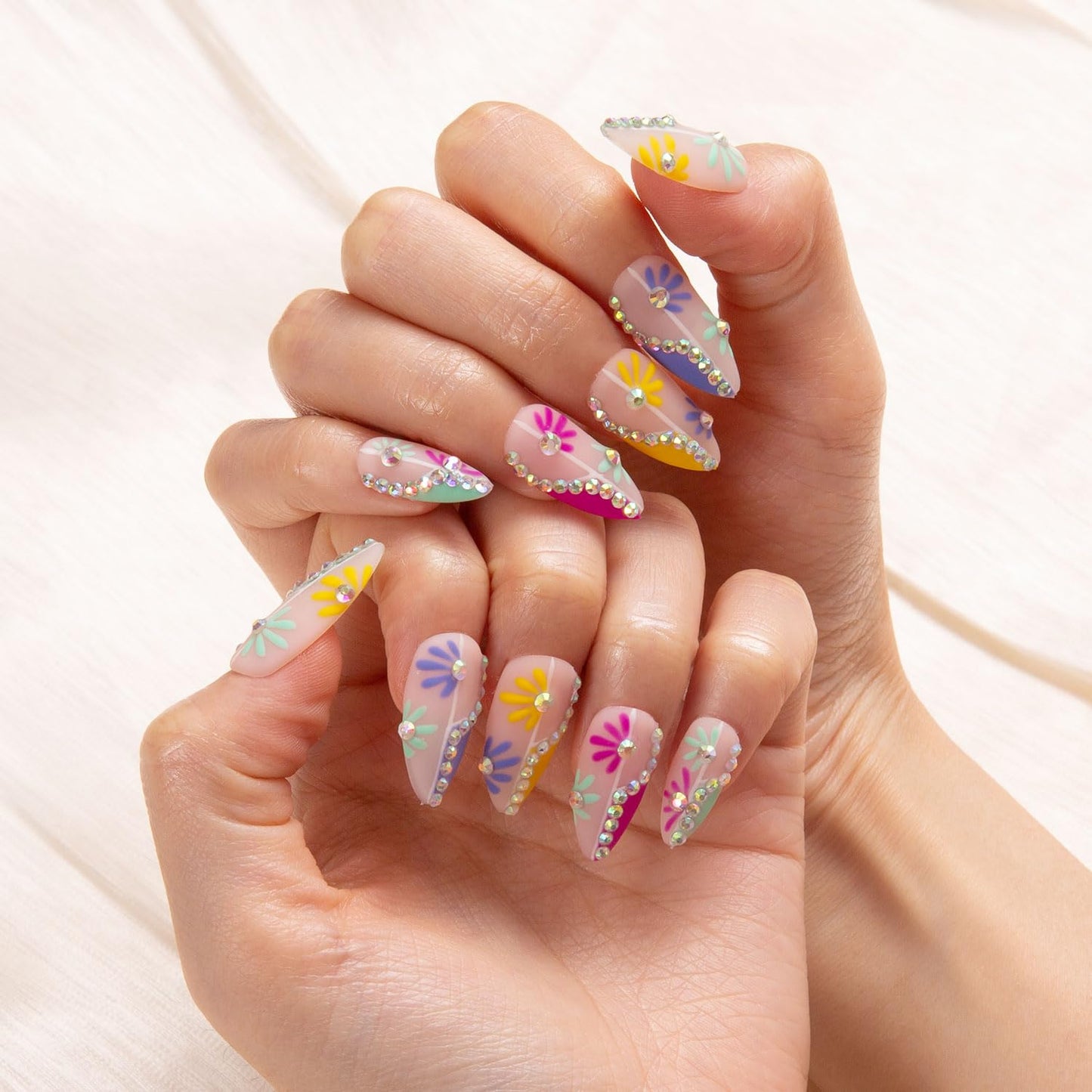 LOVFUL Press on Nails Wild Blooming French Tip | Handmade with Full Covered Crystals | Reusable Fake Nails | Almond Regular 1.0 in | H156-S