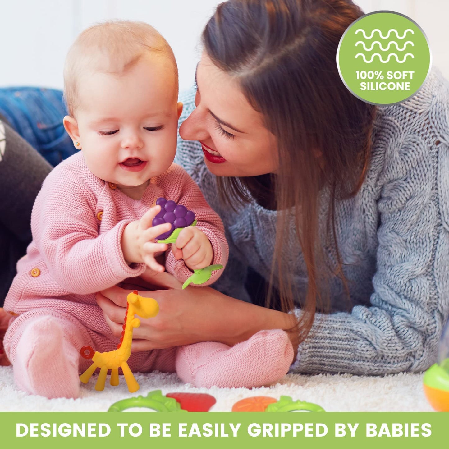 Silicone Baby Teethers - Freezer Safe Teething Toys for Infants 0-6 Months - 6 Pack