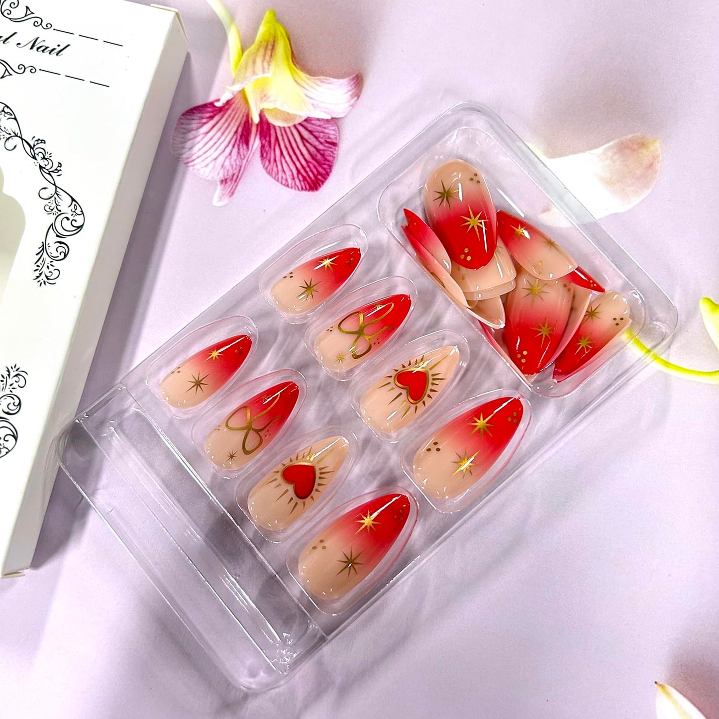 Valentines Press on Nails Medium Artificial Almond Acrylic False Nails Gradient Metal Star Bow Stick on Nail Full Cover Red Love Reusable Coffin Artificial Fingernails for Women Festival Manicure