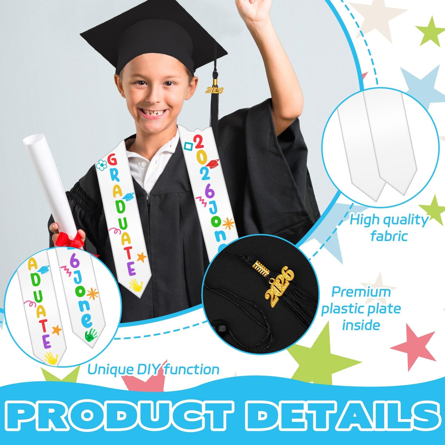 8 Pcs 2026 Preschool Kindergarten Graduation Cap Stole Iron on Decal Set Graduation Cap and Sash Blank Stole Graduation Gifts for DIY Crafts Kit