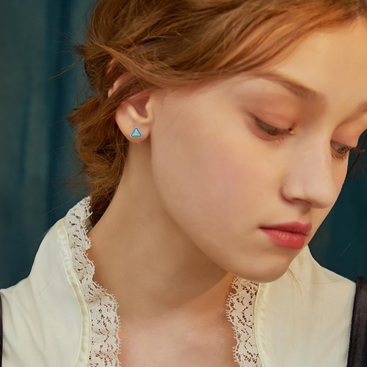AOVEAO Triangular Turquoise Stud Earrings S925 Sterling Silver Vintage Braids Blue Gemstone Bohemian Ethnic Tribal Jewelry for Women Graduation