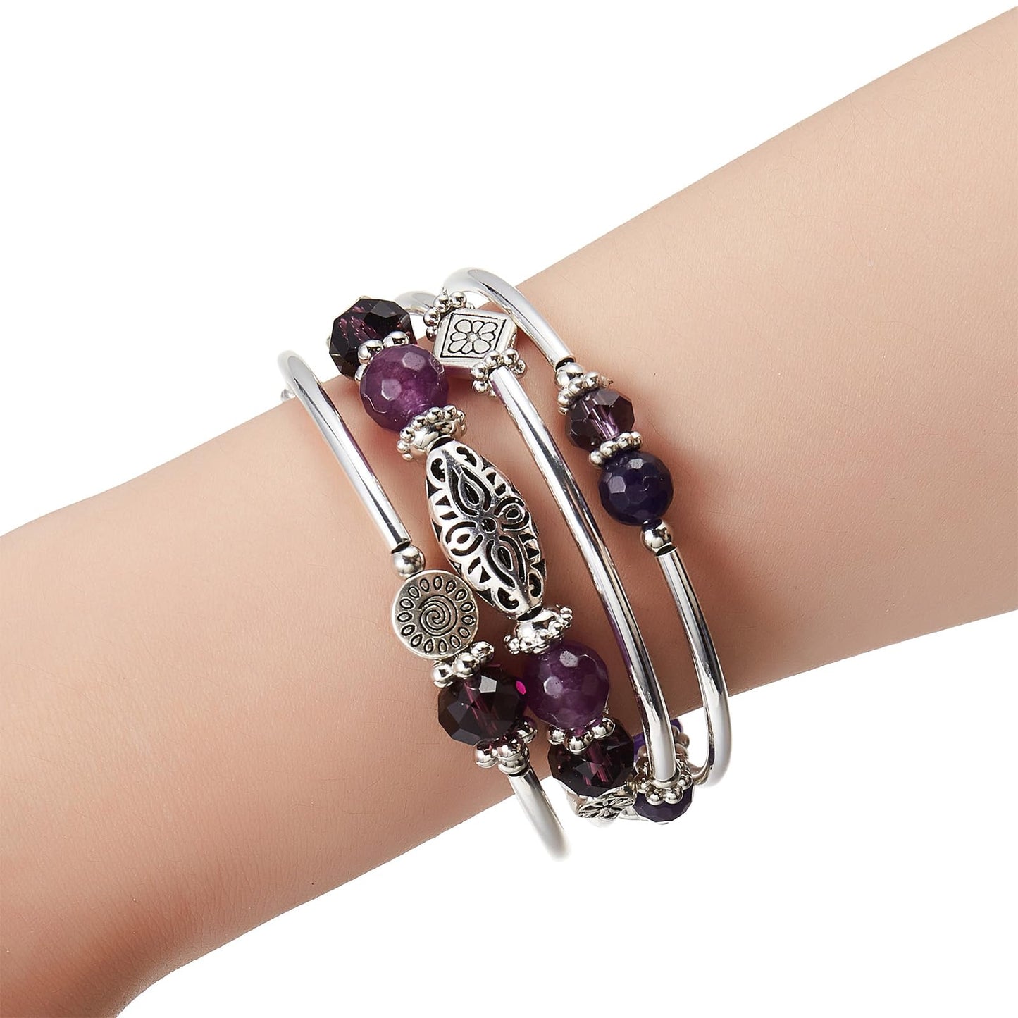FULU AUTUMN Stackable Beaded Bracelets for Women Boho Wrap Silver Bracelet Layered Fashion Jewelry Gifts for Her(Purple)