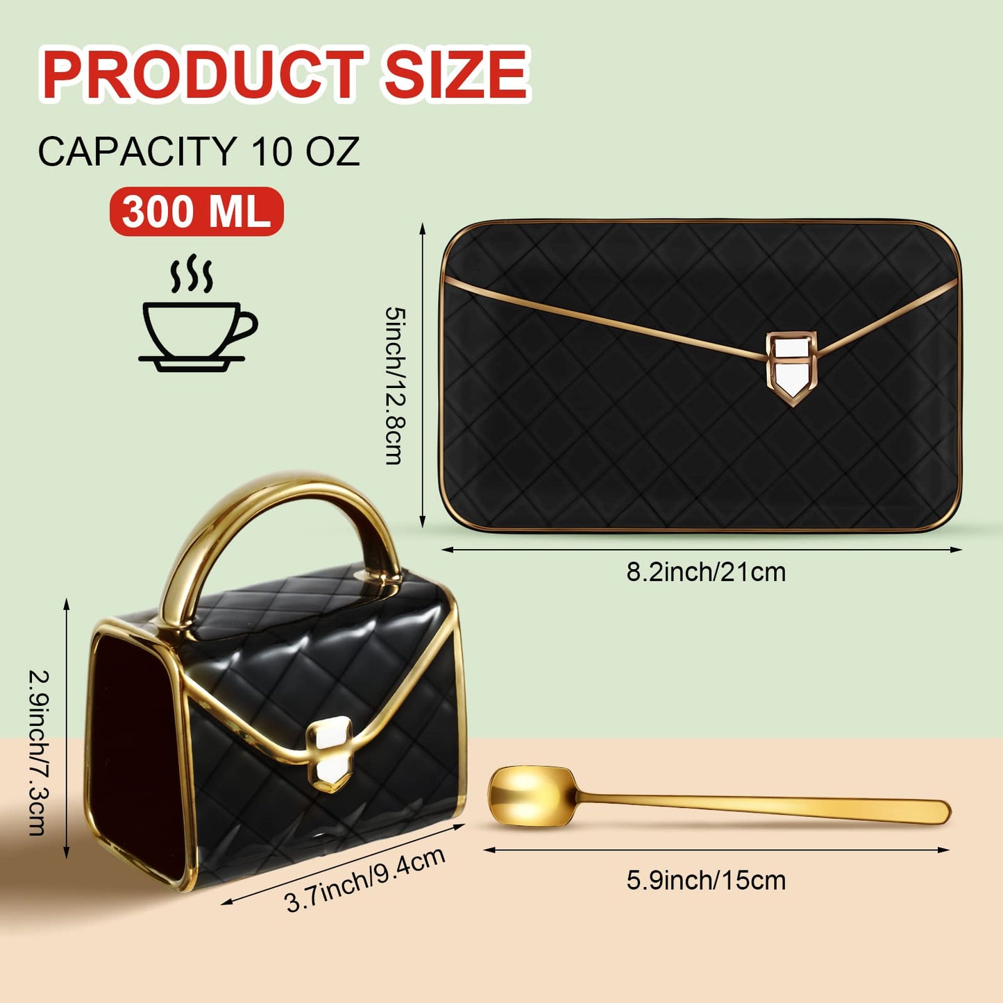 Zubebe 1 Set Coffee Mug Elegant Handbag Shaped Cup Mother's Day Modern Ceramic Purse Mug with Spoon and Saucer, 10oz Cute Creative Tea Cup for Woman Girls Gift (Black)