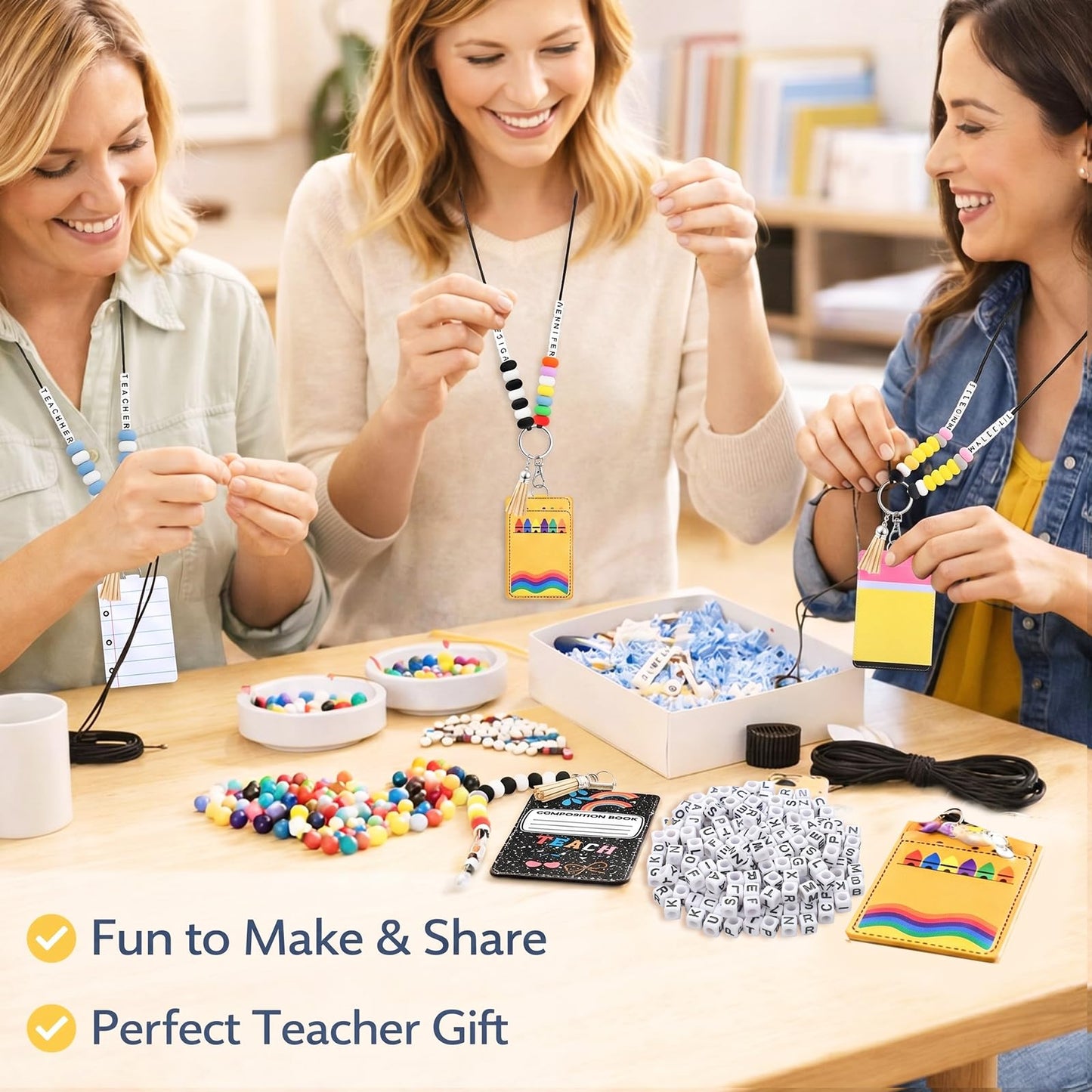 Gueevin 4 Sets/279 Pcs DIY Name Teacher ID Badge Holder with Lanyard Keychain Making Kit DIY Teachers Appreciation Gifts Cute Silicone Bead Lanyards Making for Teacher Office Graduation Supply Gifts