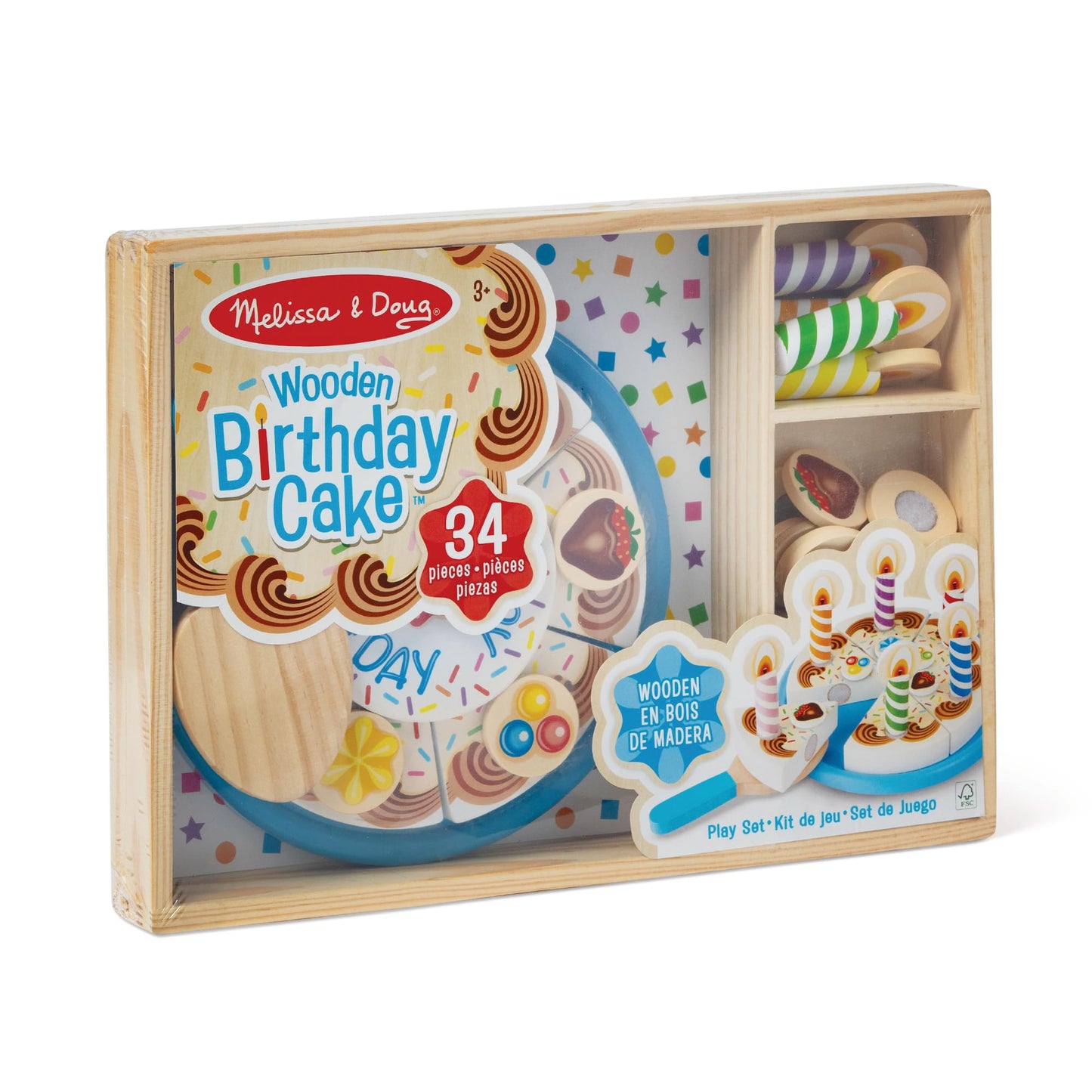 Melissa & Doug Birthday Party Cake - Wooden Play Food with Mix-n-Match Toppings and 7 Candles