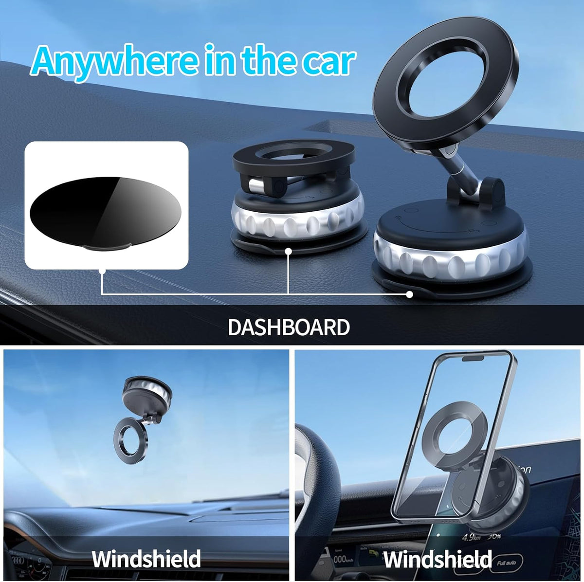 Vacuum Suction Magnetic Phone Holder, 2025 Upgraded Foldable Retractable Magnet Suction Cup Phone Mount for Car, 360° Adjustable Magnetic Phone Stand for Cars/Gyms/Mirrors/Smooth Surface