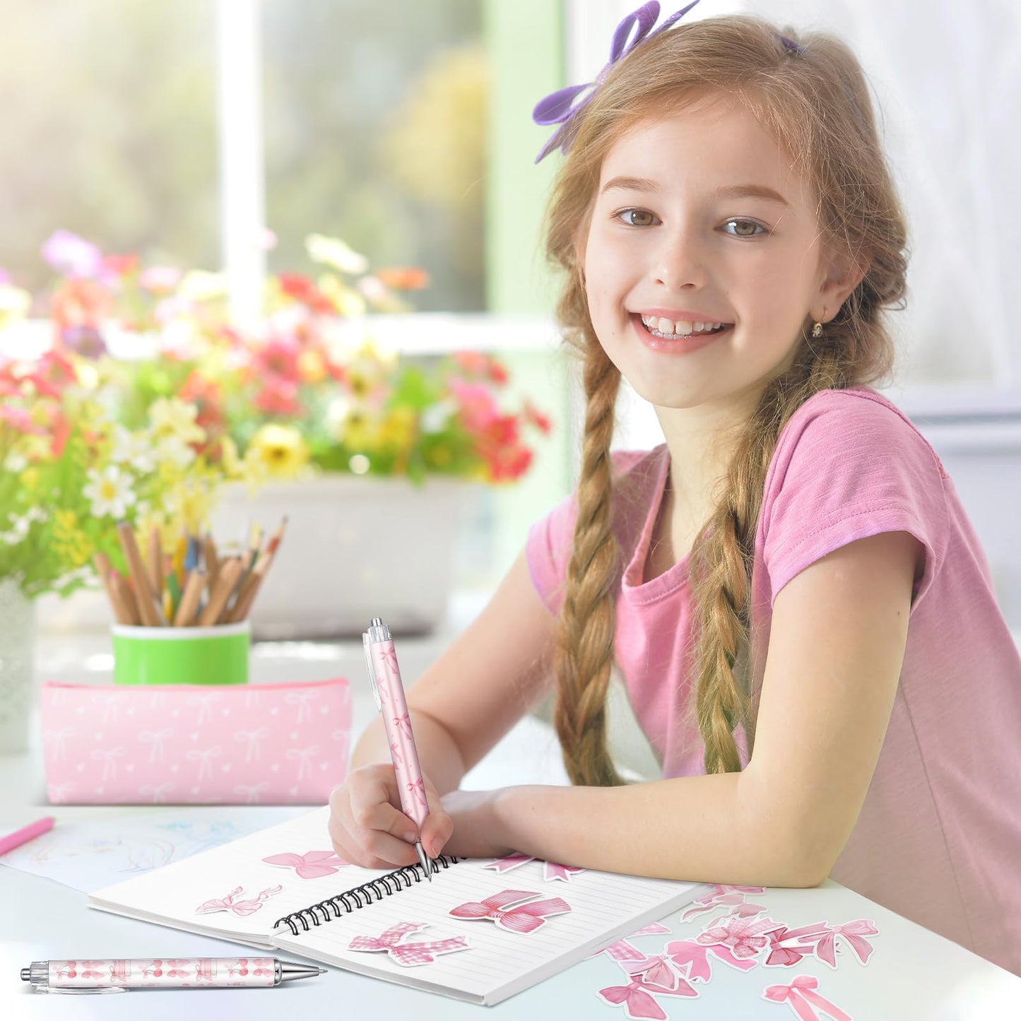 Sayglossy Pink Bow Stationery Gift Coquette School Supplies Set Include Pens Aesthetic Journal Notebook Pencil Case and Stickers Pink Bow Preppy Back to School Supplies for Girl Students
