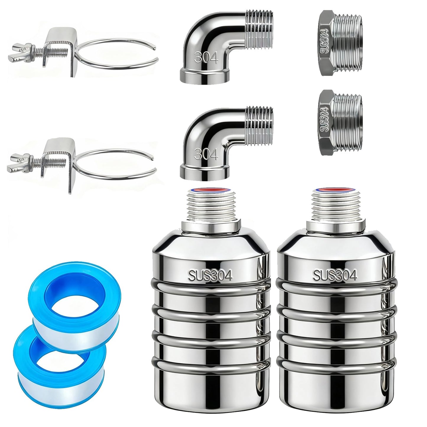 2-Pack NPT 1/2" Float Valve, Leak-Proof 304 Stainless Steel Automatic Water Level Control Float Valve with 1/2" 3/4" Premium 304 SS Connections for Water Trough Fish Tank Pool Livestock