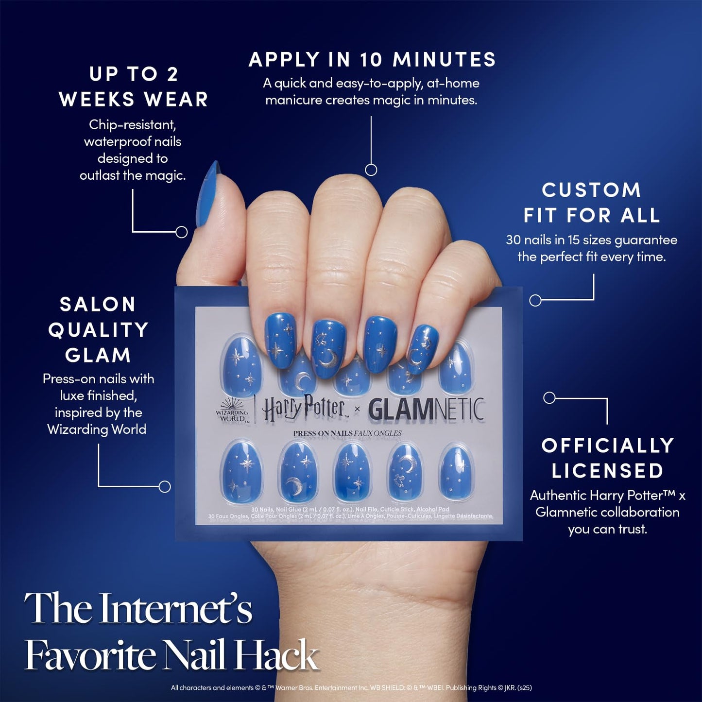 Harry Potter™ x Glamnetic Press On Nails - Luna Lovegood™ | Blue Moon & Star Celestial 3D Graphic Short Oval Fake Nails in a Glossy Finish | 15 Sizes - 30 Nail Kit with Glue