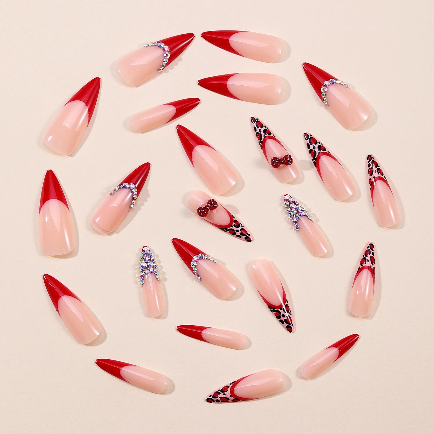 MISUD Press on Nails - Long Stiletto Fake Nails with Red French Tip, Acrylic Cheetah Rhinestone Design 24 pcs