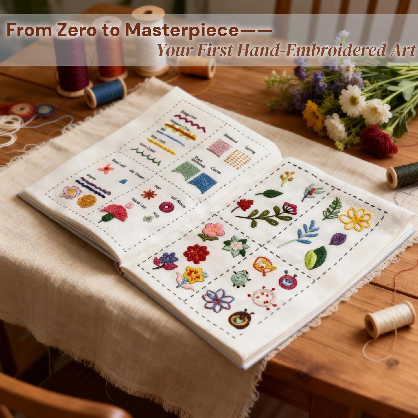 2026 Upgraded Embroidery Stitch Book & Complete Kit for Beginners | Includes Embroidery Hoop,86 Tools,65 Water-Soluble Patterns & 106 Stitches With Guides,Portable Craft Set for Adults & DIY Lovers