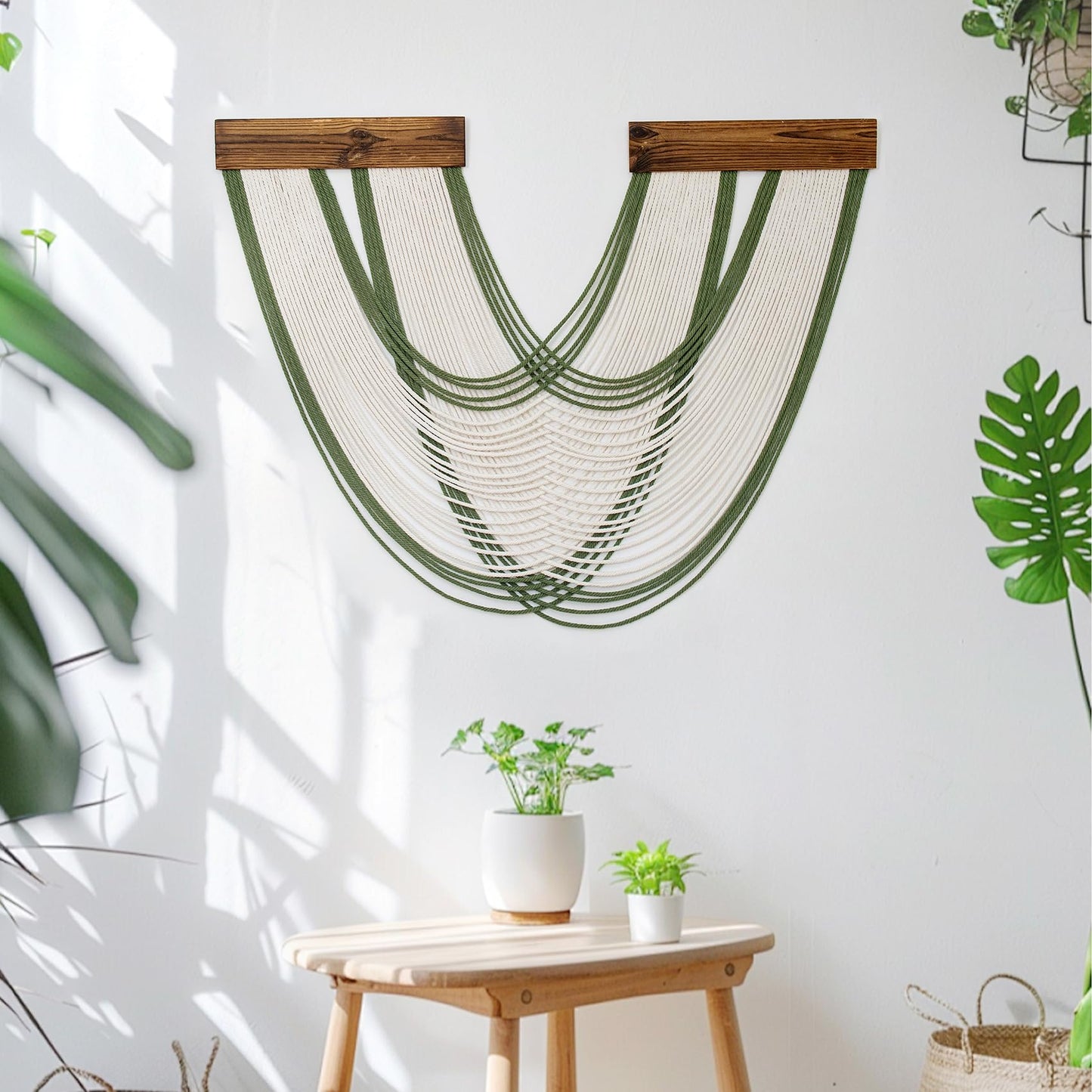 LB Boho Macrame Wall Hanging Large, Green and Beige Macrame Tapestry Wall Decor Handmade Woven Chic Bohemian Tapestry Decor for Bedroom Living Room Office Bathroom Nursery