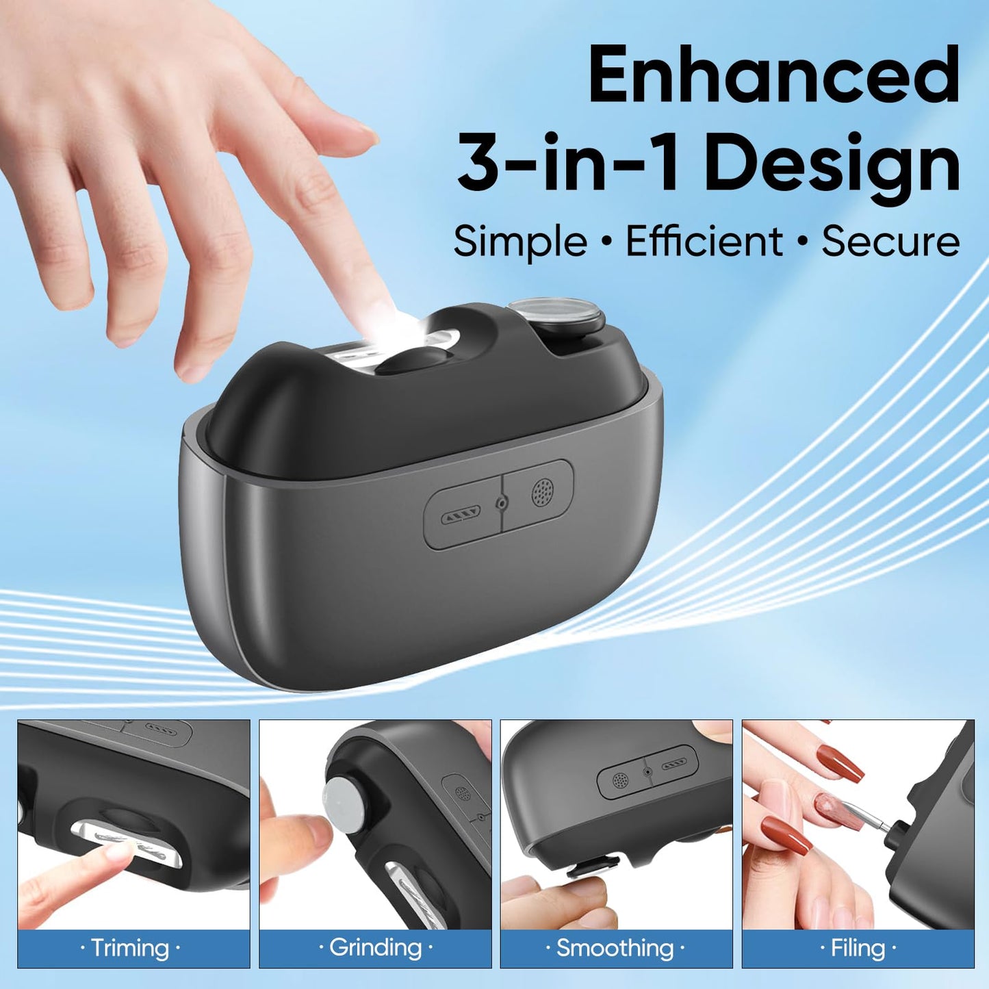 Electric Nail Clipper, 3-in-1 Automatic Nail Trimmer with Clipping, Polishing & Storage, USB Rechargeable Nail Cutter Built-in LED Light & 2 Speed Modes for Home and Travel