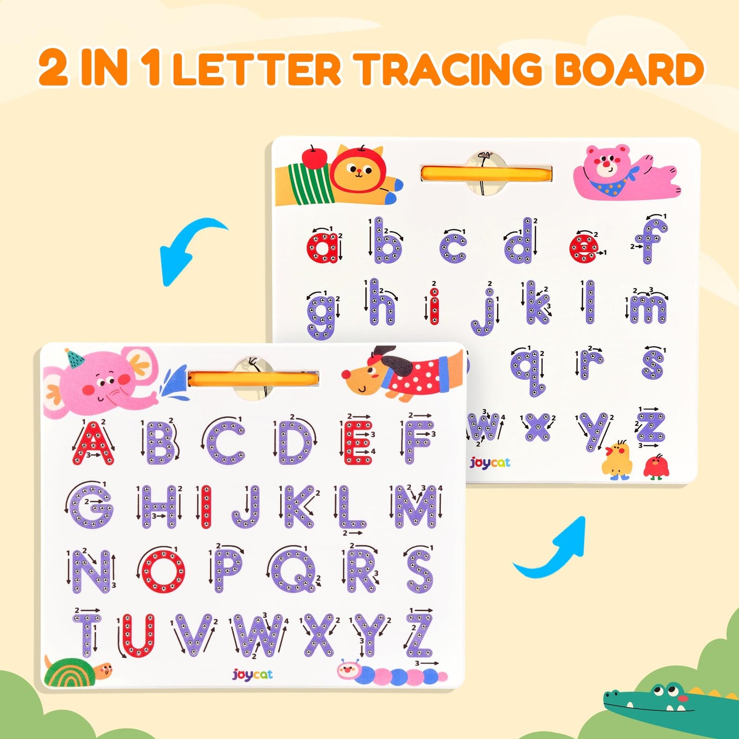JoyCat Magnetic Animal Letter Tracing Board, Double-Sided ABC Magnets for Toddlers, Uppercase & Lowercase Letter Writing Practice - Preschool Learning Toys, Road Trip Car Activities for Kids Ages 3-5