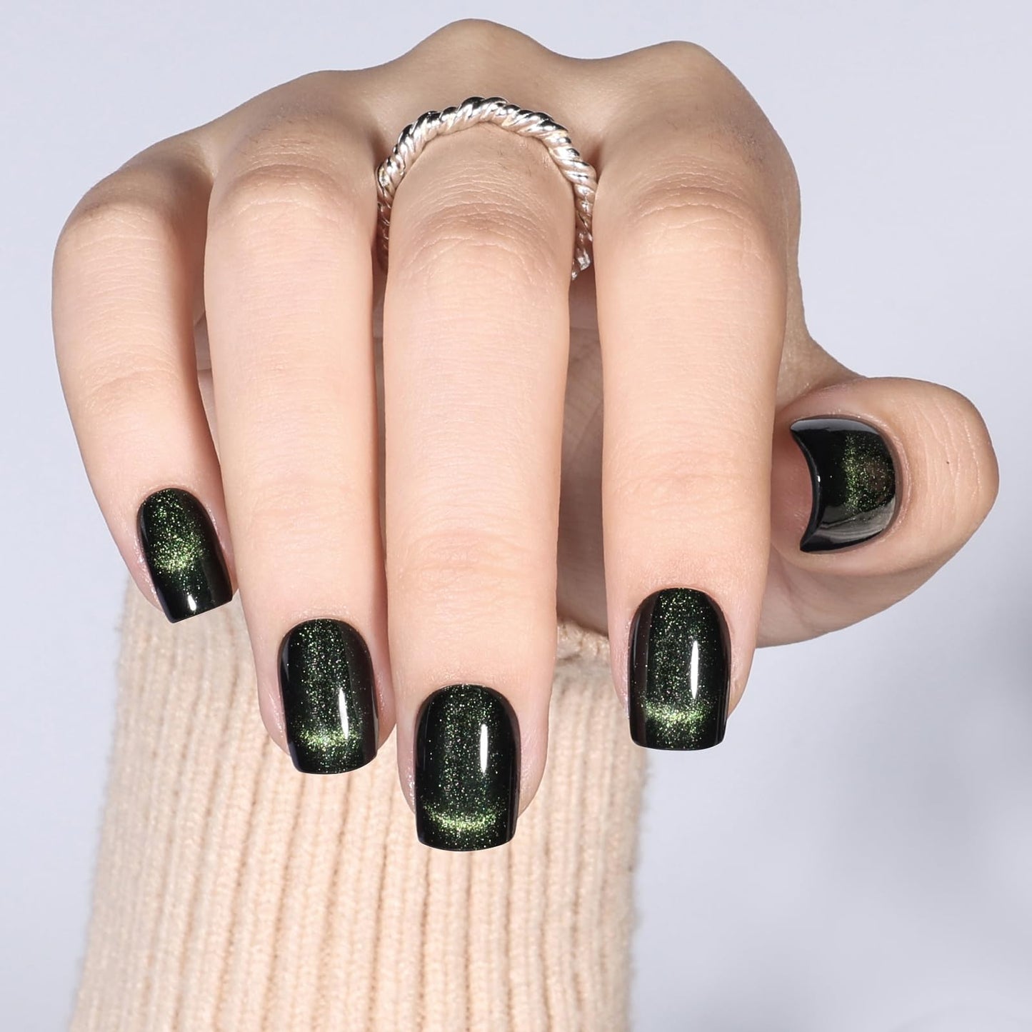 Green Cat Eye Press On Nails - Short Square Magnetic Cat Eye Press On Nails, Reusable Fake Nails Kit with Nail Glue, 30PCS 15 Sizes
