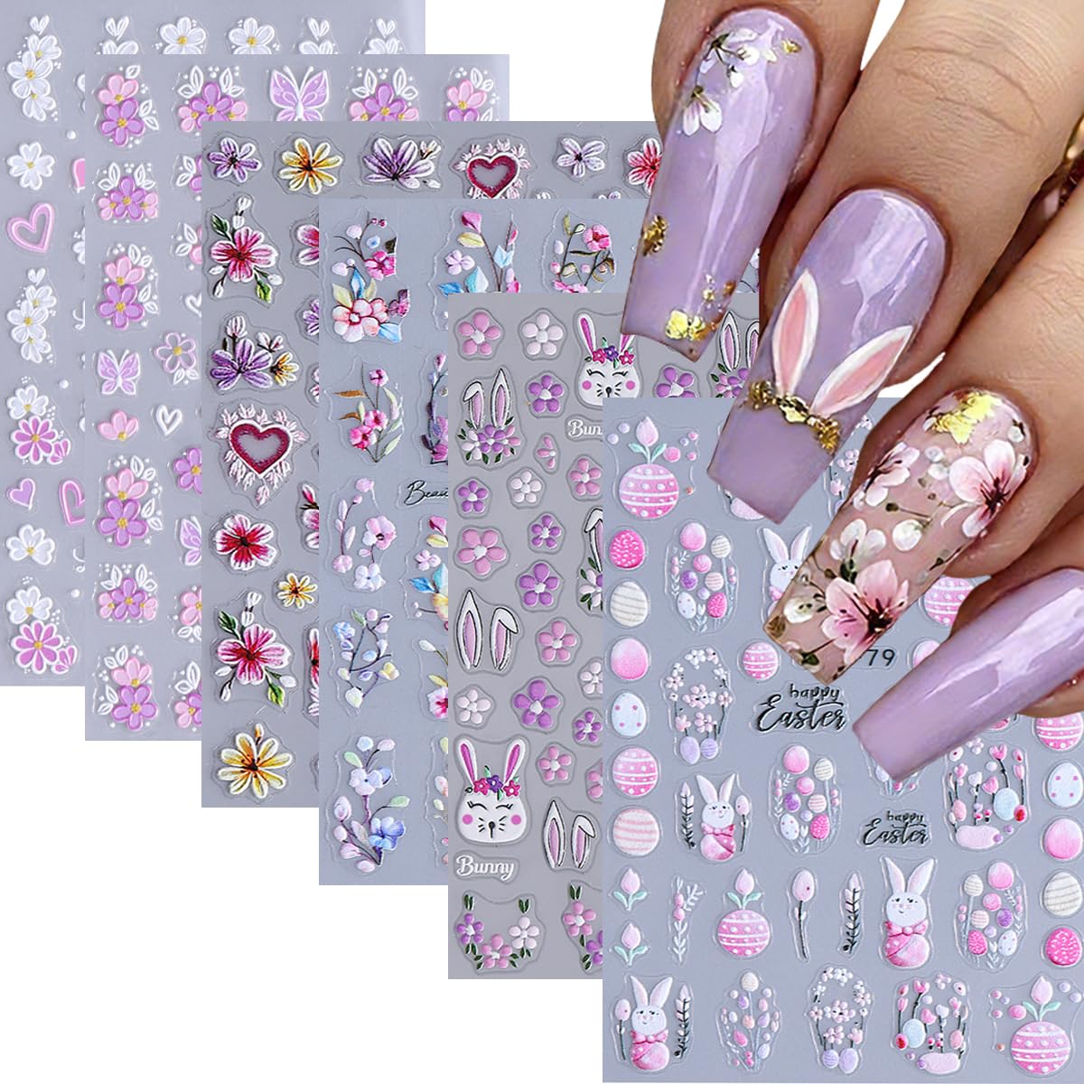 Easter Nail Stickers 6 Sheets - 5D Embossed Bunny, Eggs & Flowers Design, Self-Adhesive Nail Art Decals for Women DIY Manicure