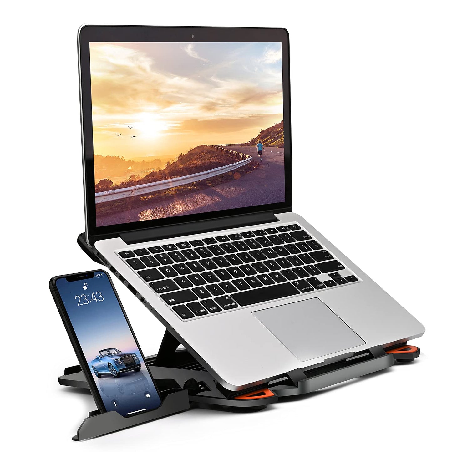 Ergonomic Adjustable Laptop Stand for Desk with Phone Holder & 360° Rotation - Foldable Portable Stand for 10-17" Laptops, MacBook Pro 16", Gaming Laptops, Tablets | Heavy-Duty & Ventilated Design