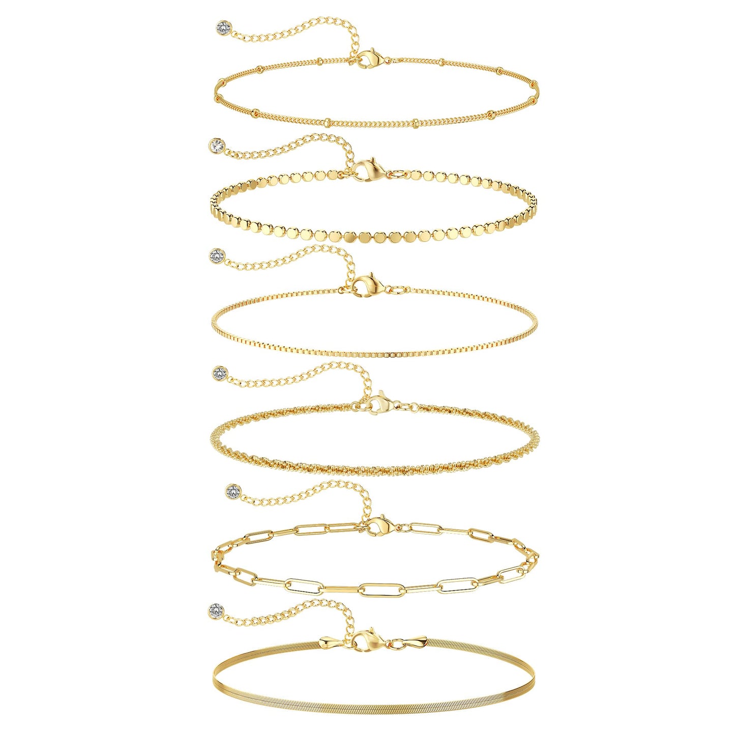 DEARMAY Dainty Gold Plated Bracelets for Women Trendy Waterproof 14K Gold Jewelry Sets Fashion Stackable Rope Box Herringbone Paperclip Chain Link Bracelet Pack Stack Gifts for Womens