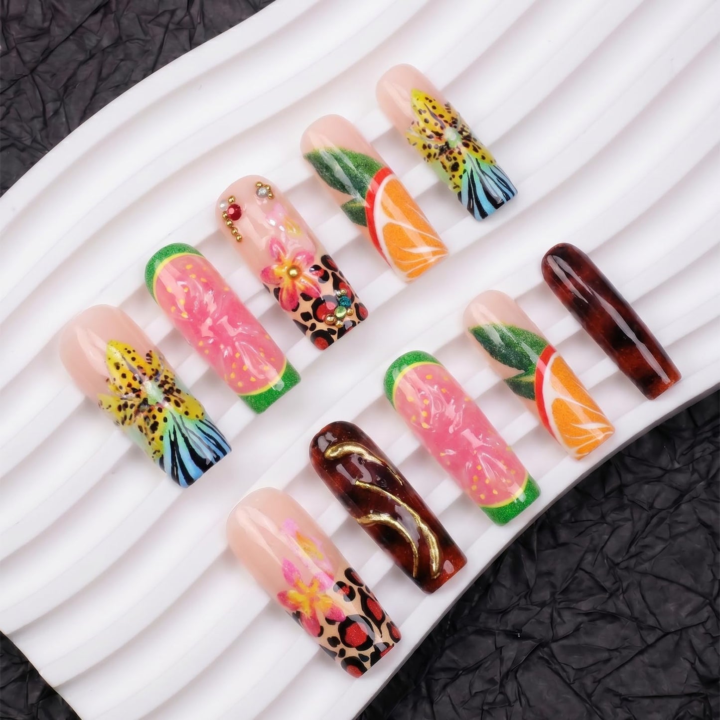 IMRAIN Square Press on Nails, Long Fake Nails, Colorful 3D Flower Tropical Fruit Leopard, 24 Pcs Reusable Glue on Nails for Women, Salon Quality