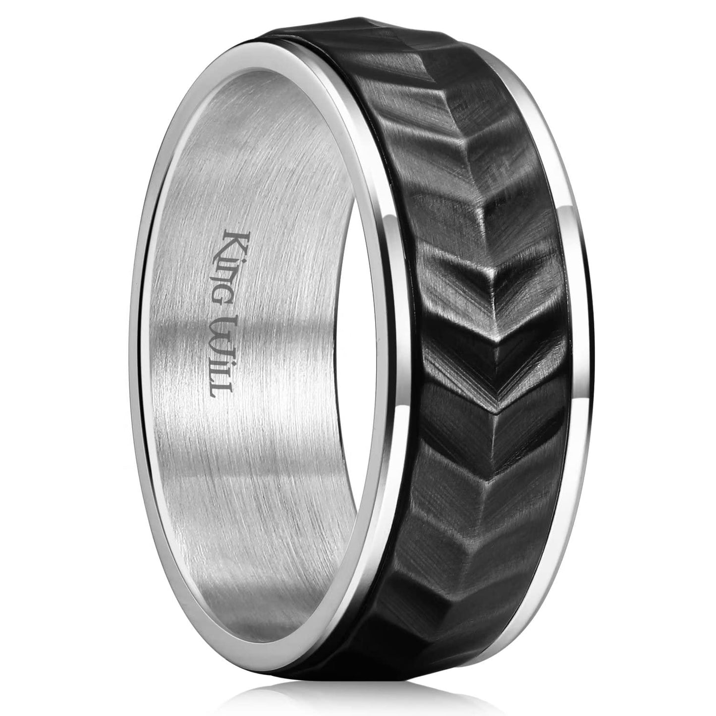 King Will Mens Black Silver 8mm Spinner Rings Tire Thread Stainless Steel Anxiety Fidget Ring for Men Tire Stripe Groove Spinner Ring 12