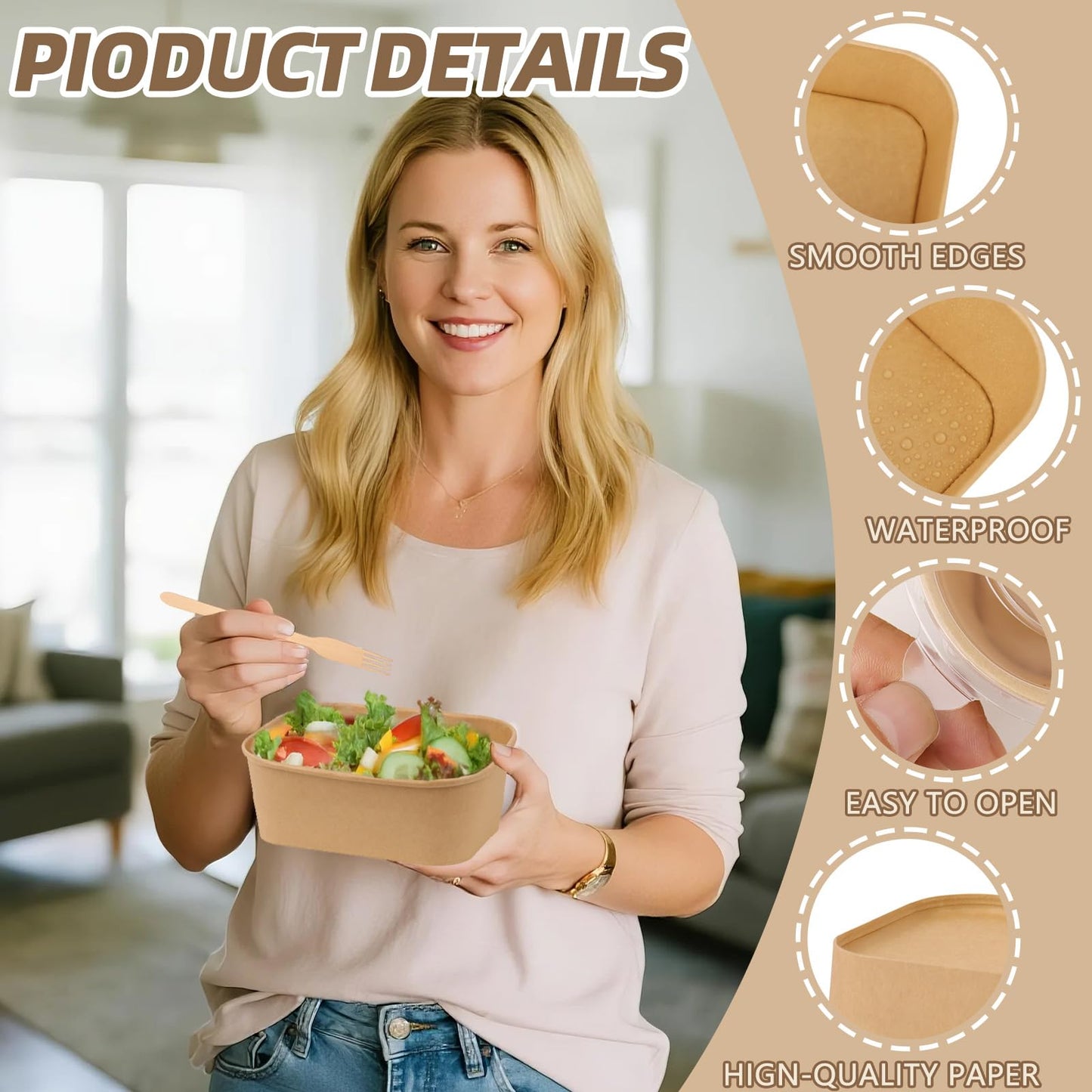 DeziWood 50 Pack 35 oz Paper Food Containers with Lids, Meal Prep Containers Disposable Large Paper Bowls, Microwavable and Freezer Storage Use Cardboard Food Containers