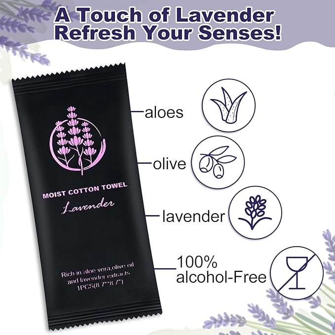 Moist Cotton Towel Bulk Moist Towelettes Individually Wrapped,White Towel Services,Refreshment Pre Moistened Towels for Dentist Travel Sport Party Hotel （Lavender,200)