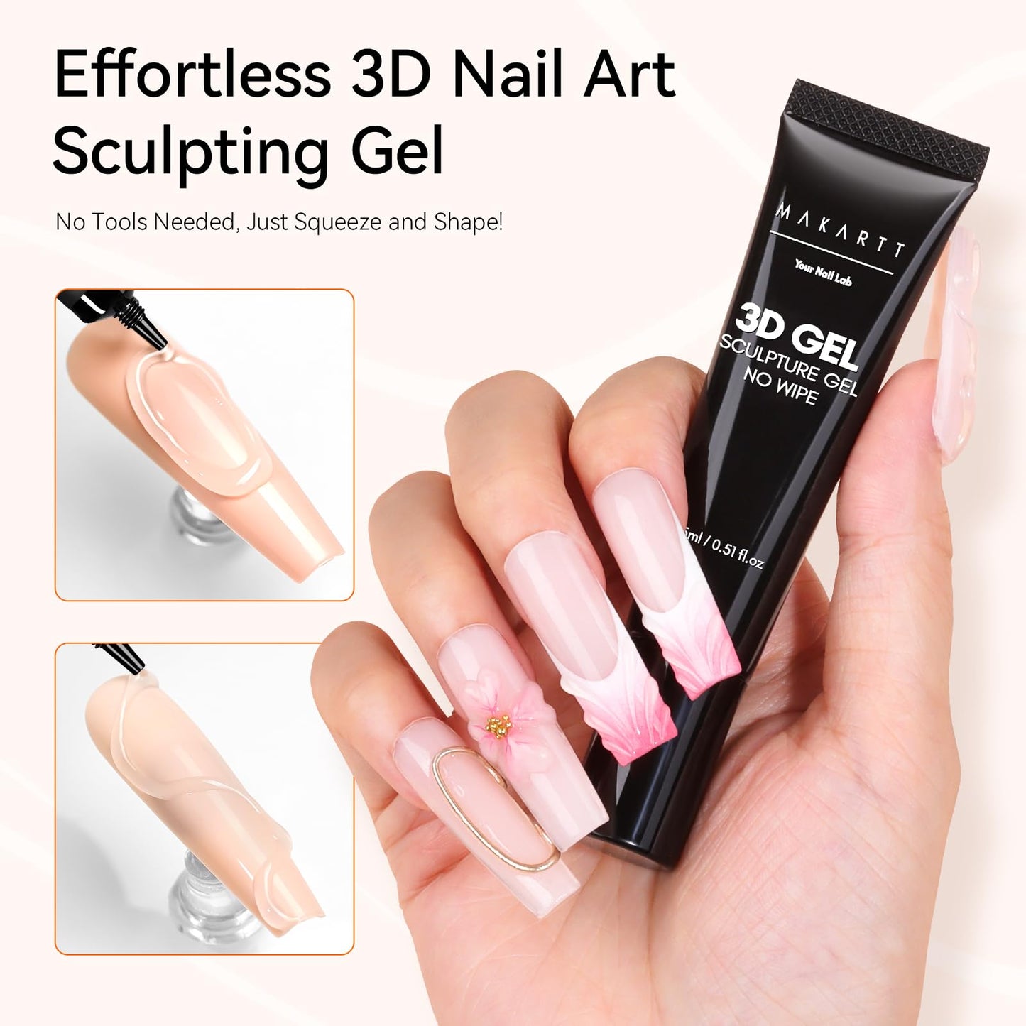 Makartt 3D Gel Nail Art Sculpting Gel Glue for Drawing Molding Bundle with Medium Square Nail Tips Half Matte Clear Fake Acrylic Press On