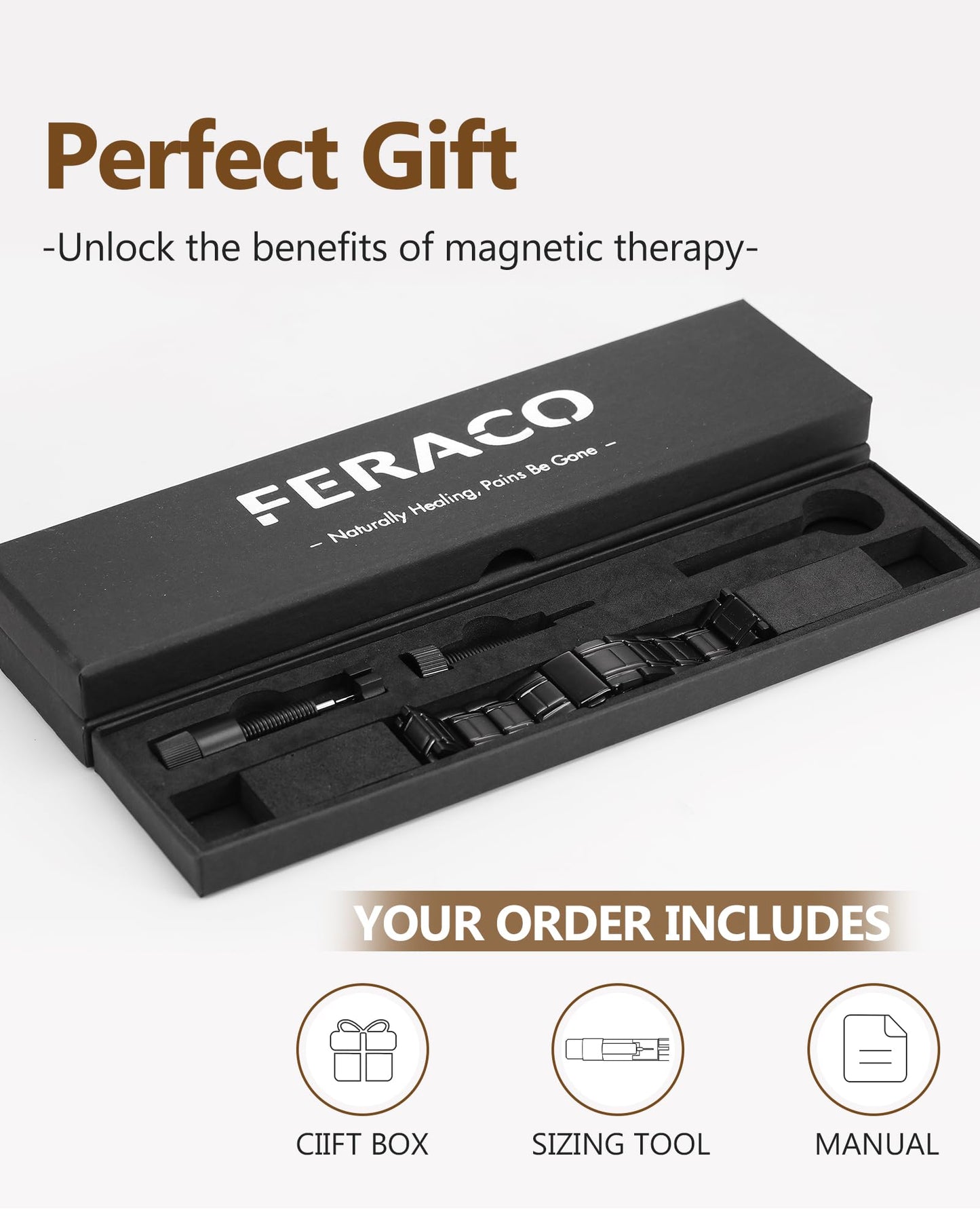 Feraco Magnetic Bracelets for Men, Titanium Steel Bracelets with 3X Ultra Strenth Neodymium Magnets, Adjustable Health Gift (Black)