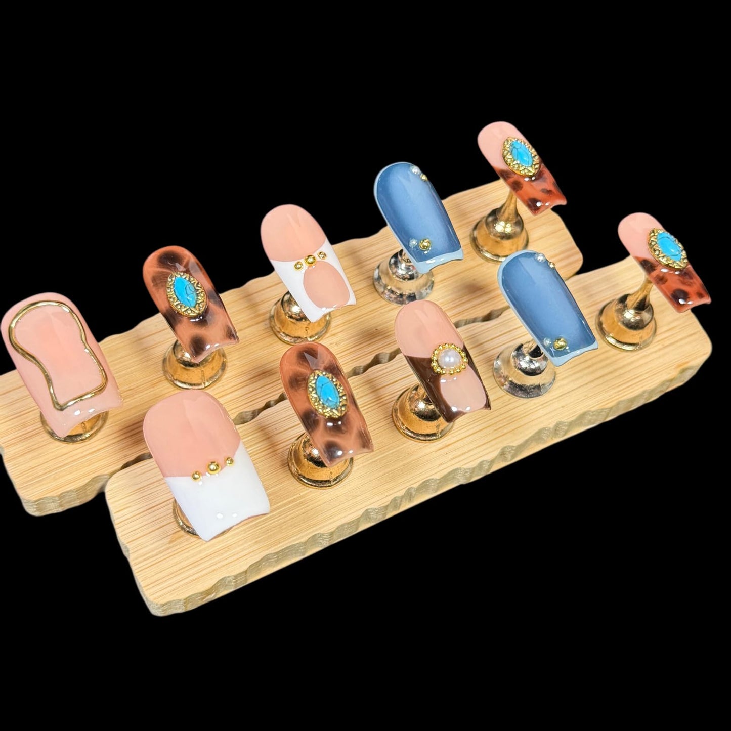 Handmade Press on Nails - Turquoise & White French Tip Short/Medium Square Shape, Amber Print Acrylic Reusable False Nails with Pearl Accents (Turquoise, M)