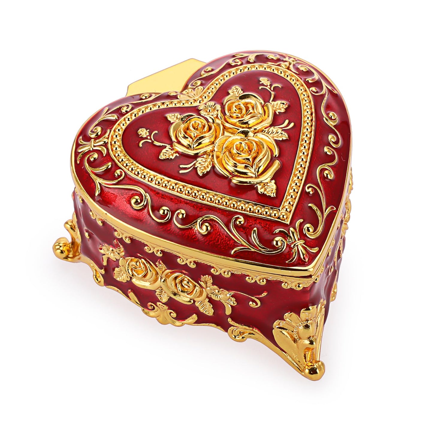 Hipiwe Heart Shape Jewelry Box Classic Metal Trinket Organizer Ring Storage Box with Rose Pattern Jewelry Storage Box for Ring Earrings Necklace, Gift for Women, Red