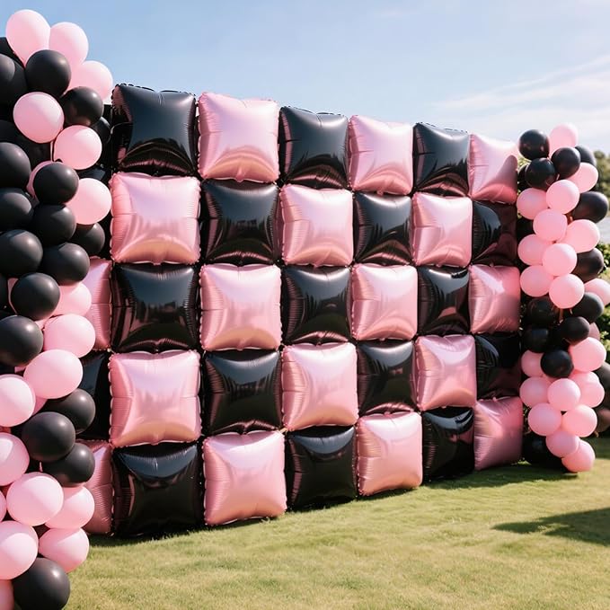NISOCY 25PCS Black and Pearl Pink Square Foil Balloons Wall Backdrop Double Sided Black and Pearl Pink Balloons Arch Kit for Birthday Party Anniversary Wedding Baby Shower Decorations