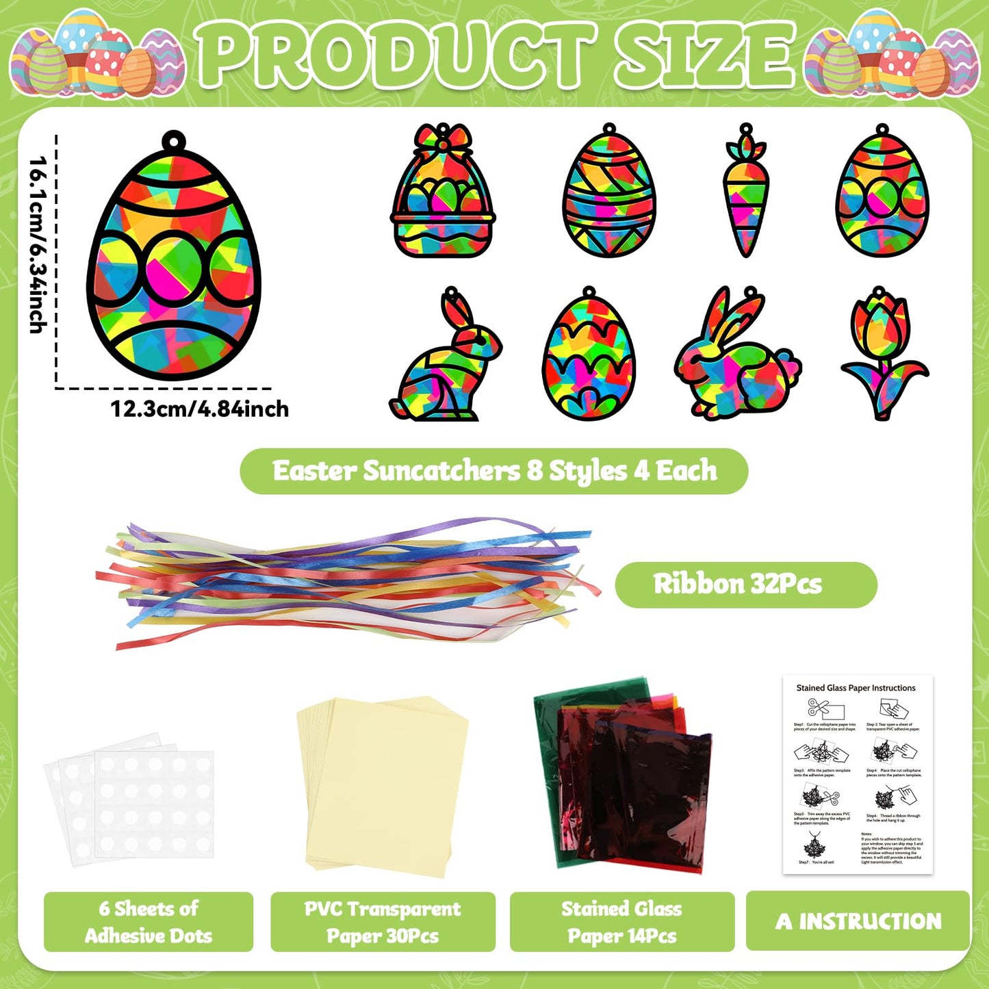 32 Sets Easter Suncatchers Craft Kit DIY Egg Basket Window Stained Glass Effect Paper Basket Style Home School Classroom Decorations Spring Art Craft Creative Games Activity Project Gift Favor