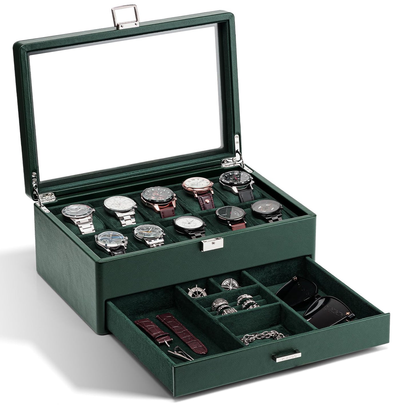 Vlando Watch Box for 10 slot, Lockable Watch Case with Textured Leather, 2 Layer Watch Holder for Rings, Bracelets, Glasses, Glass Lid, Removable Divider, Gift for Fathers, Husband, Friend, Dark Green