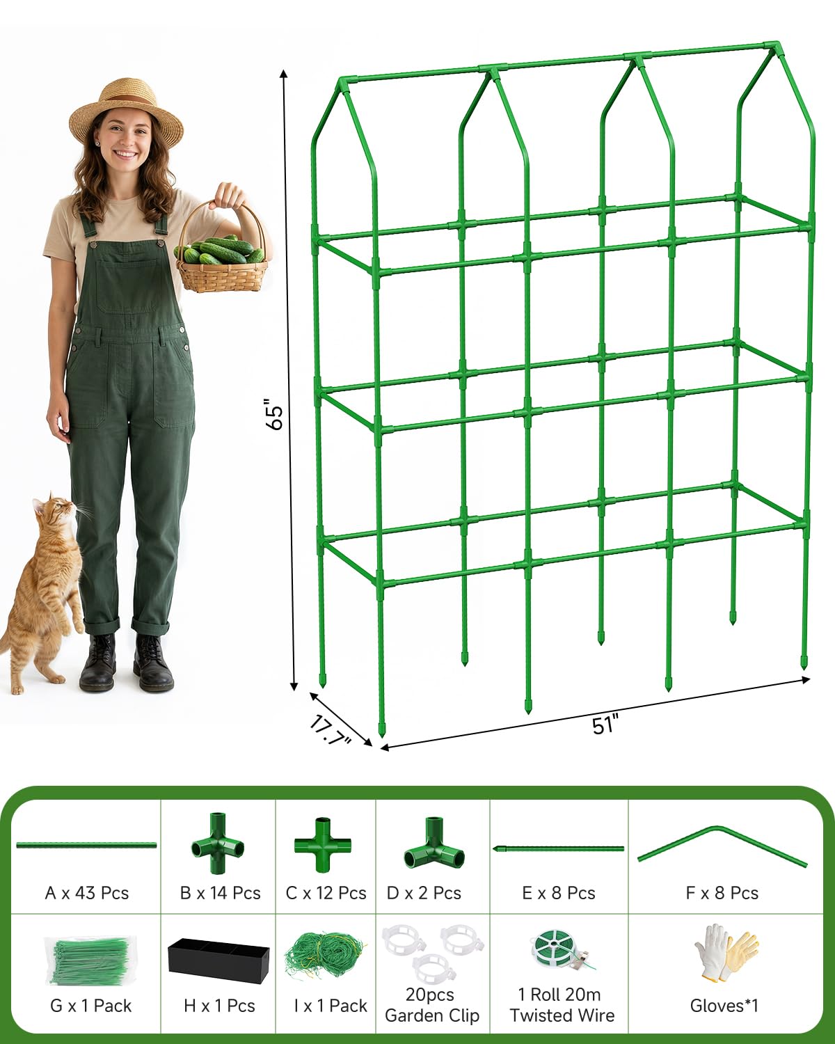 65" Cucumber Planter with Trellis for Climbing Plants Outdoor, Metal Garden Trellis for Raised Bed, Plant Support Structures with Netting for Cucumbers Tomatoes Beans Peas (50 * 17 * 65inch(L*W*H)