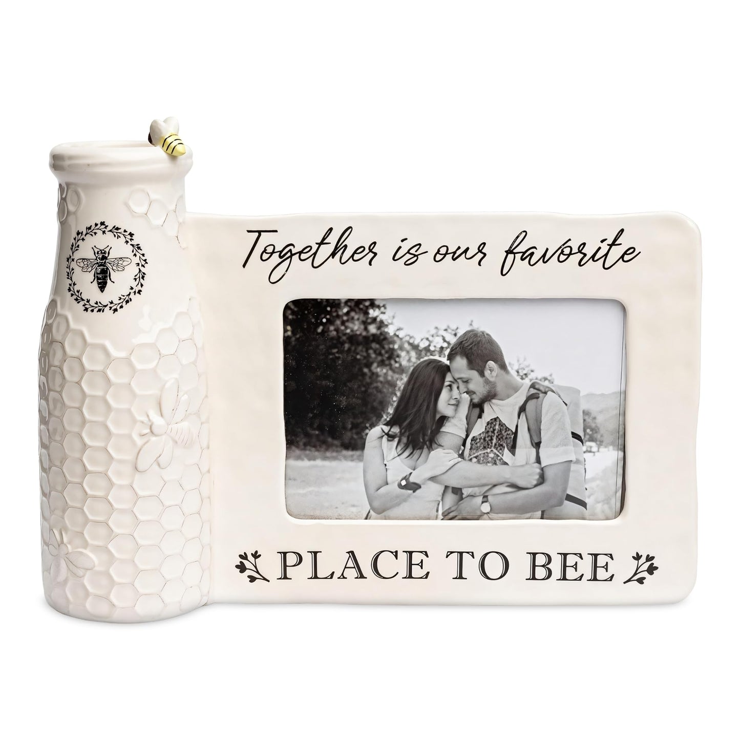 youngs Inc Ceramic Bee Vase w/Photo Frame, White, Black, 11.25" Length x 3.00" Width x 8.00" Height