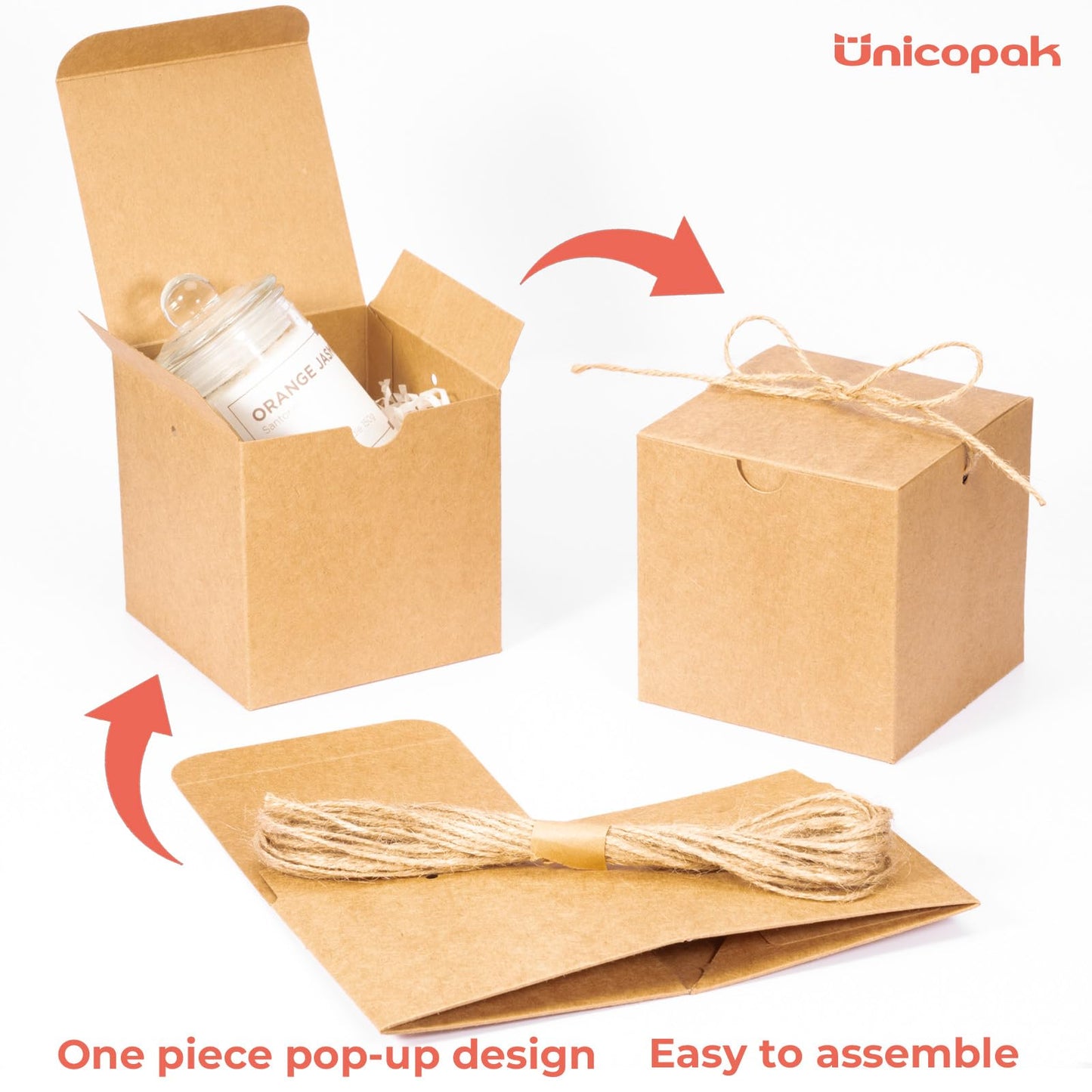 UnicoPak 30 Pack 4x4x4 Small Brown Gift Boxes with Lids & Twine - Premium USA Kraft Cardboard - Pop-Up Easy Assembly Gift Boxes for Presents, Candles, Mugs, Ornaments, Favors