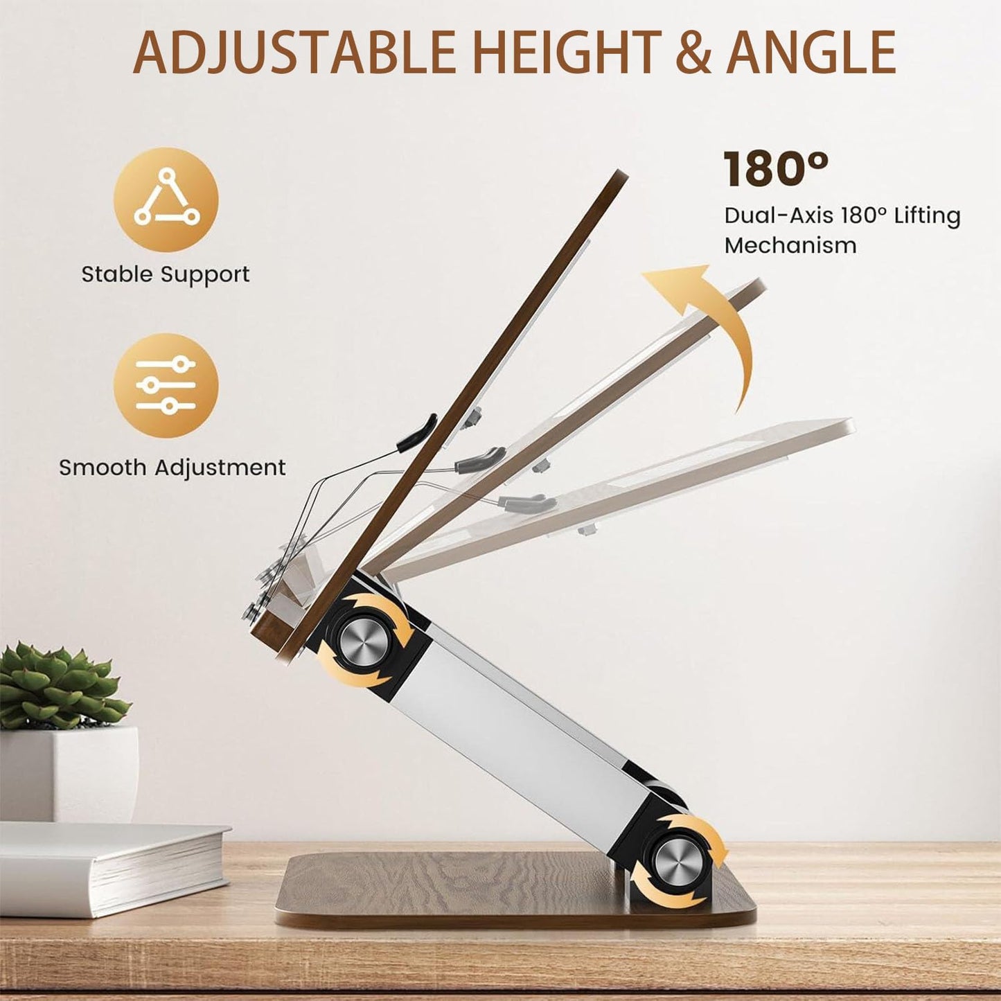 Book Stand for Reading,Book Holder with Metal Clips Cookbook Stand Hands-Free Button Adjustable Thick Bookshelf Foldable Laptop&e-Book Stand for Drawing Reading Novels Magazines (Walnut Wood Grain)