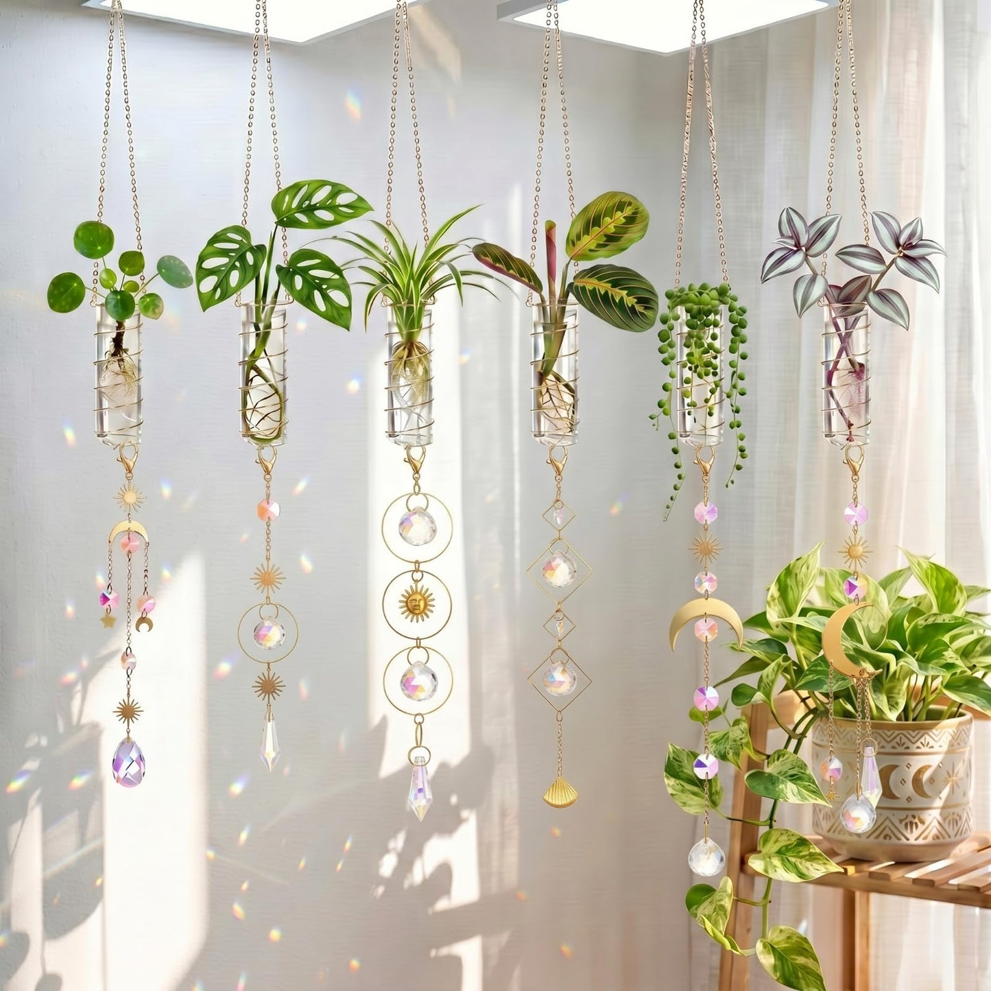 Ferrochef 6 Pcs Plant Propagation Station Colorful Crystal Suncatcher, Handmade Boho Rooting Vase, Hanging Window Plant Propagator Stations Suncatcher with Chain Pendant Ornament Balls