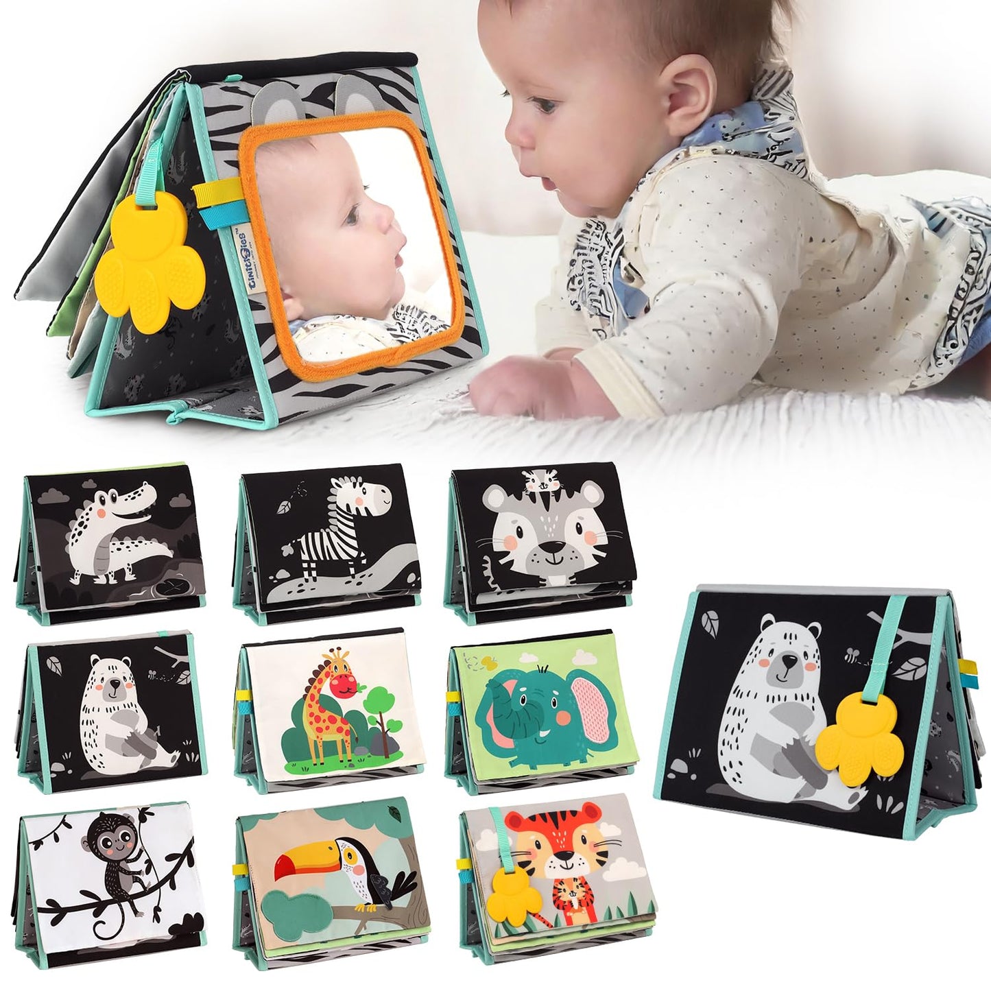TINITIGIES Tummy Time Mirror for Babies - High Contrast Baby Mirror Book with Silicone Teether & Crinkle Pages - Tummy Time Toys for Babies 0 3 6 9 Months