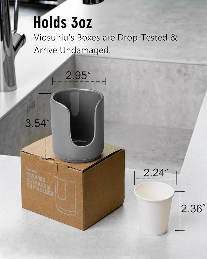 3 oz Original Ceramic Bathroom Cup Dispenser with 5 PLA Paper Cups, Bathroom Essential Accessories for Mouthwash Holder on Bathroom Vanity Countertops (1 Pack, Grey)