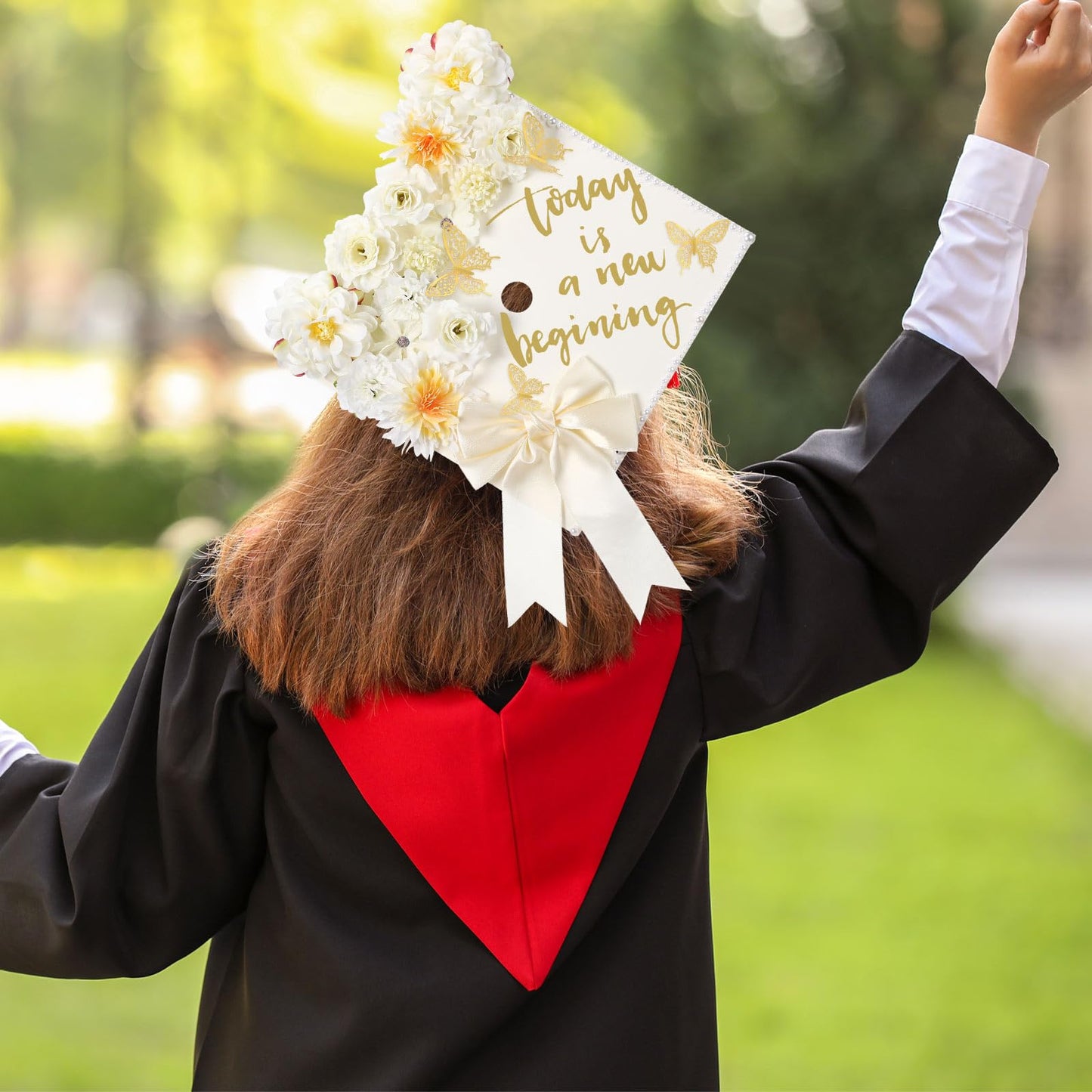 MotiMind 41 Pcs Beige DIY Graduation Cap Decoration Kit, Grad Cap Decorations Grad Hat Topper Faux Assorted Flowers Bows 3D Cream Construction Paper Butterfly Stickers Pearl Adhesive Dots