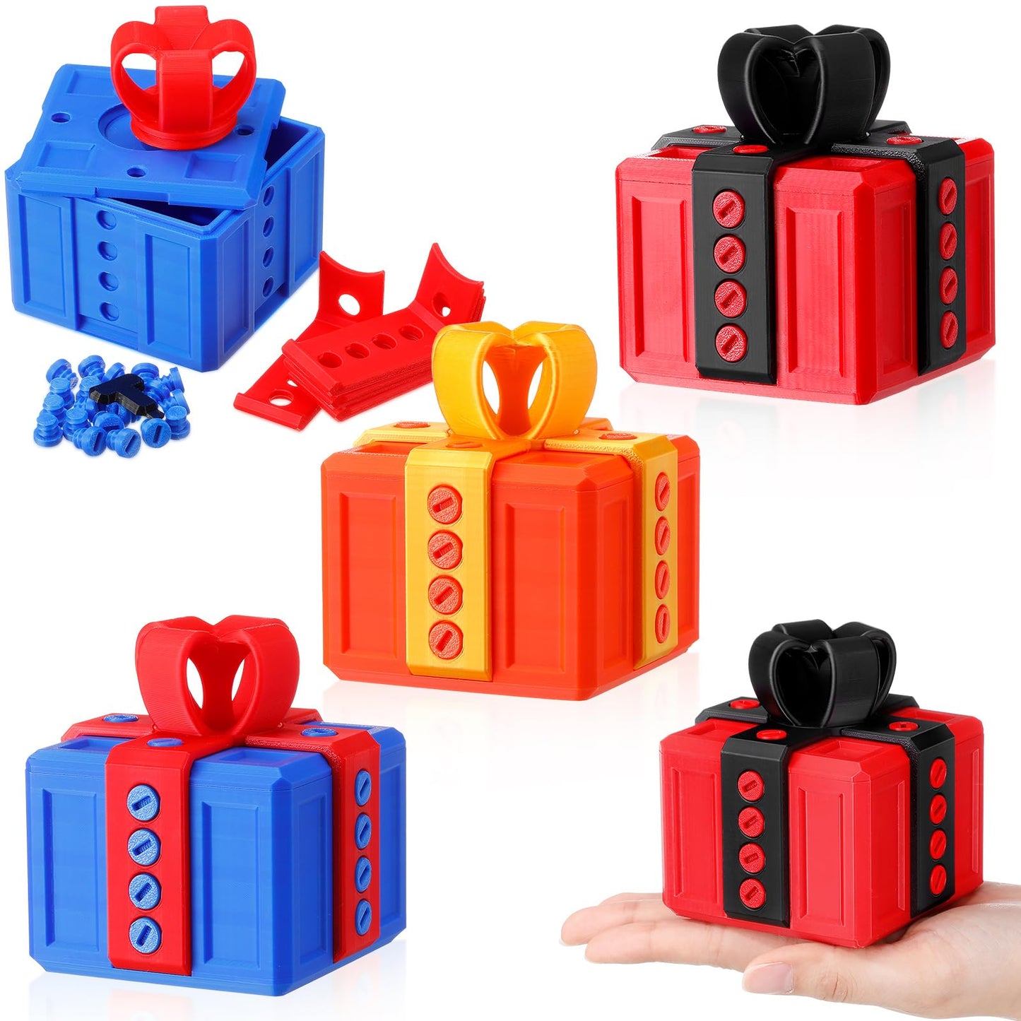 Leinuosen 3 Pack Annoying Nesting Gift Box with Screws, 3D Funny Prank Gift Box, Novelty Hilarious Money Card Container for Christmas Birthday Wrapping (Orange Gold,Red Black,Blue Red)